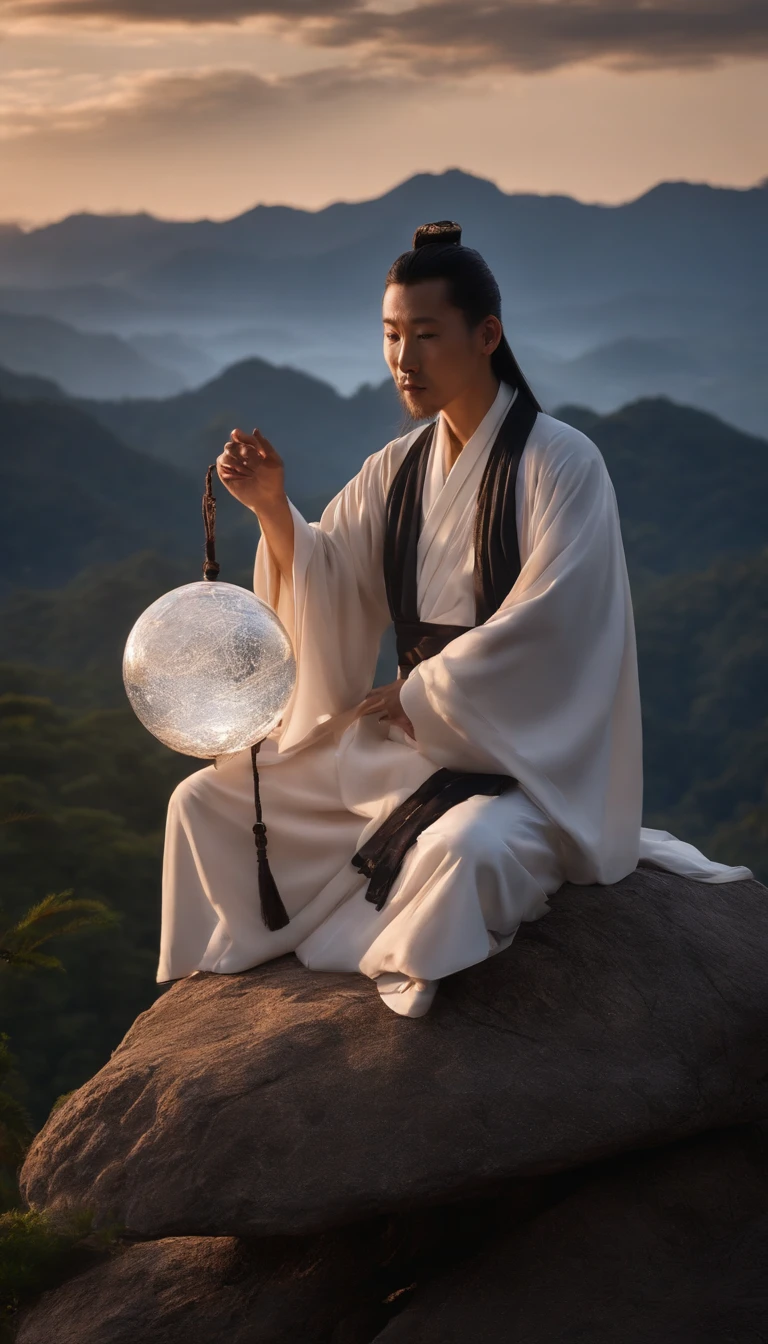 Close-up of a young Chinese Taoist leader sitting on a rock,cabelos longos,barba longa,Close-up of holding a crystal ball in your hand,staring directly at camera,Medite de pernas cruzadas, no centro,clear facial features,cores muito brilhantes, light particles, com luz brilhante, Mshiv, Arte do papel de parede, Papel de parede UHD
