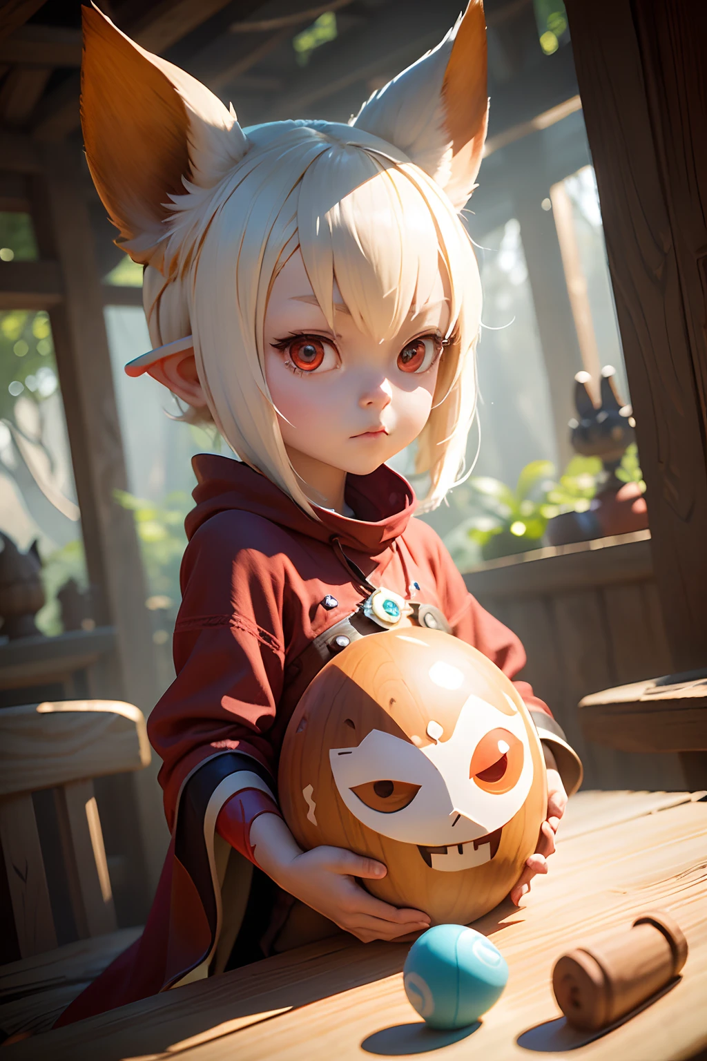 wooden rosewood toy, wakfu style, girl makes toys, wooden egg toy with face, ears, with white patterns, covered with paint, dragon mask, toy with red eyes, ((bas-relief)),