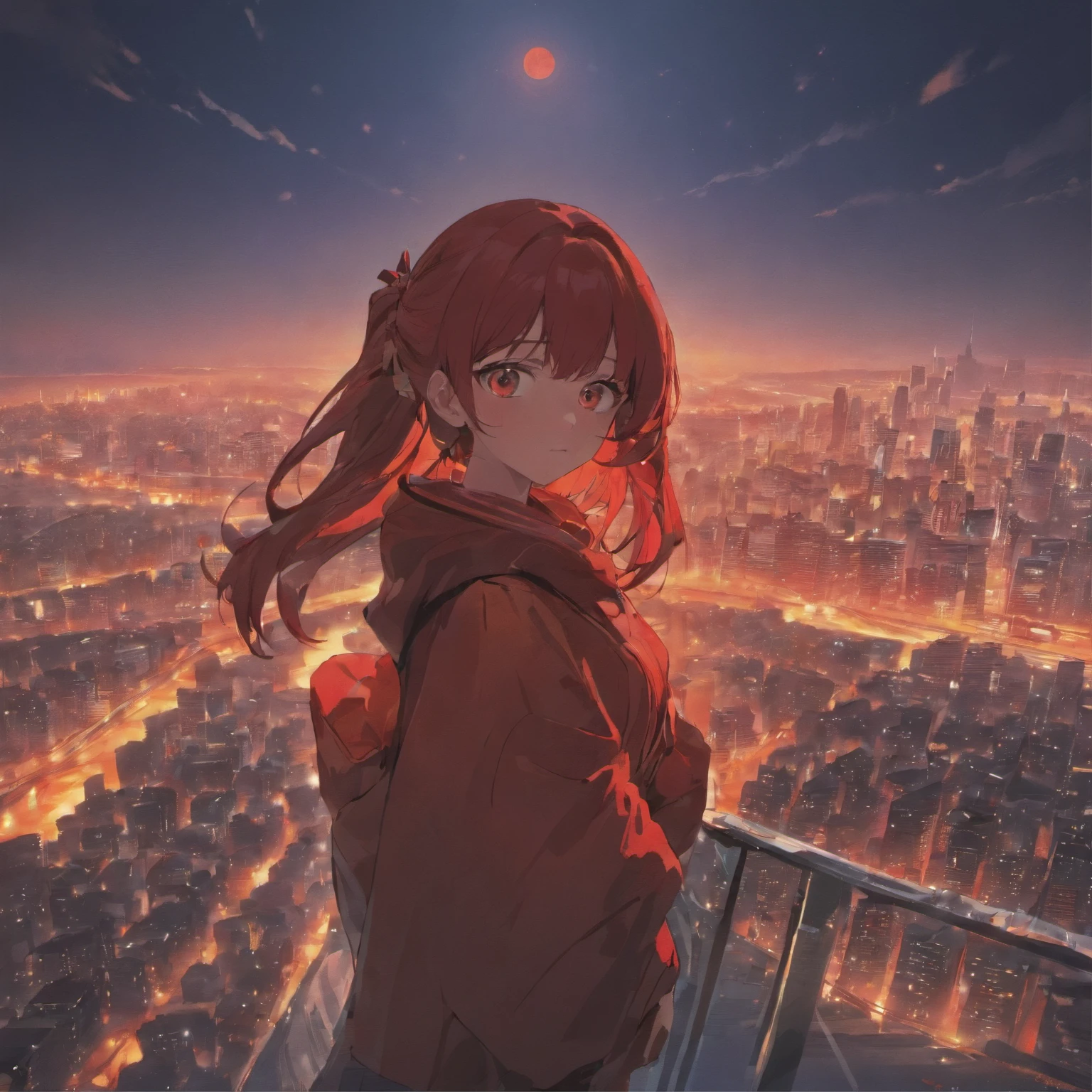 Dark night over the city, Red Moon, Red Moon with Energy Flow, Energy tides, Bad premonitions, scenery, Don't be human, There is energy flow, Highly realistic, 4K, Chiaroscuro, Ultra-high detail awaits the start