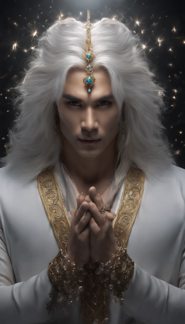 30-year-old middle-aged Asian man，long, whitish hair，barba longa，Hold the small glowing orb with both hands，staring directly at camera，Medite de pernas cruzadas, no centro，clear facial features，cores muito brilhantes, light particles, com luz brilhante, Mshiv, Arte do papel de parede, Papel de parede UHD