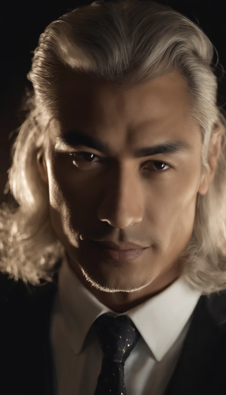 30-year-old middle-aged Asian man,long, whitish hair,barba longa,Hold the small glowing orb with both hands,staring directly at camera,Medite de pernas cruzadas, no centro,clear facial features,cores muito brilhantes, light particles, com luz brilhante, Mshiv, Arte do papel de parede, Papel de parede UHD