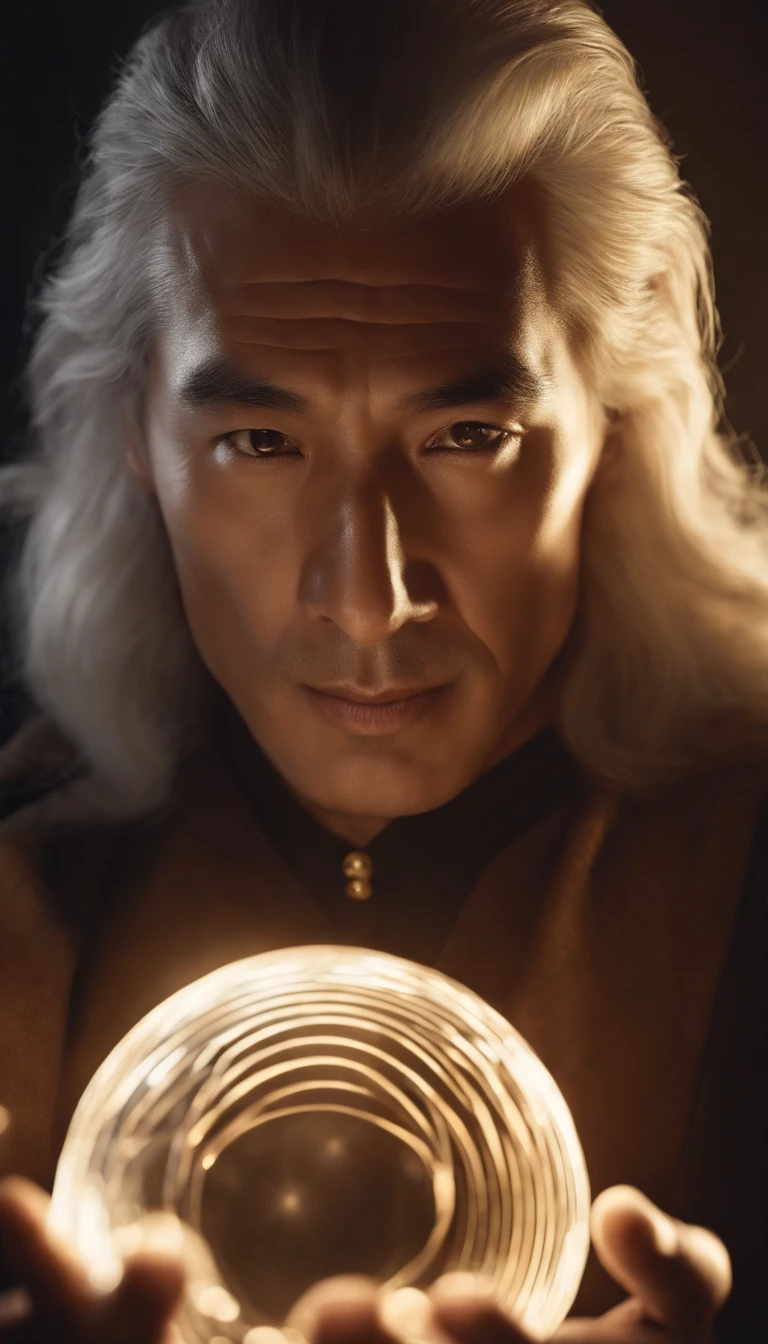 30-year-old middle-aged Asian man,long, whitish hair,barba longa,Hold the small glowing orb with both hands,staring directly at camera,Medite de pernas cruzadas, no centro,clear facial features,cores muito brilhantes, light particles, com luz brilhante, Mshiv, Arte do papel de parede, Papel de parede UHD