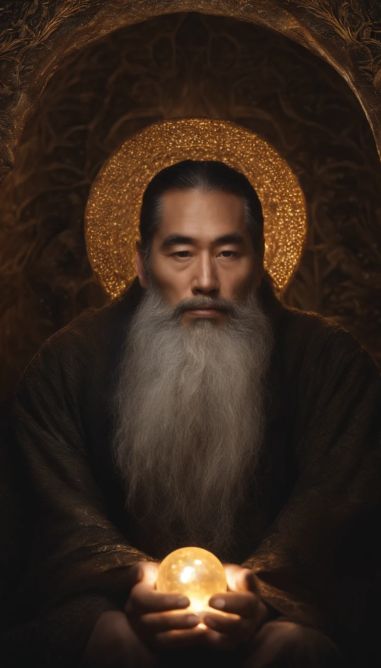 30-year-old middle-aged Asian man，long, whitish hair，barba longa，Hold the small glowing orb with both hands，staring directly at camera，Medite de pernas cruzadas, no centro，clear facial features，cores muito brilhantes, light particles, com luz brilhante, Mshiv, Arte do papel de parede, Papel de parede UHD
