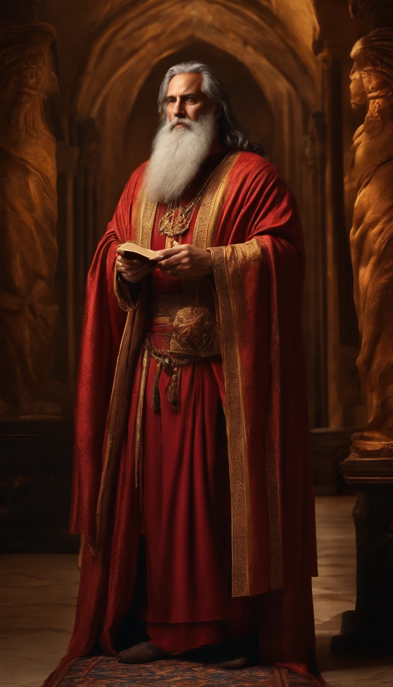 (best quality:1.2, HDR, ultra-detailed, realistic:1.37), King salomon looking at the canvas, long robes, religion, ultra-photorealistic, portraits, vibrant colors, soft lighting, detailed brushstrokes, holy atmosphere, serene expression, ancient background setting, deep spirituality.