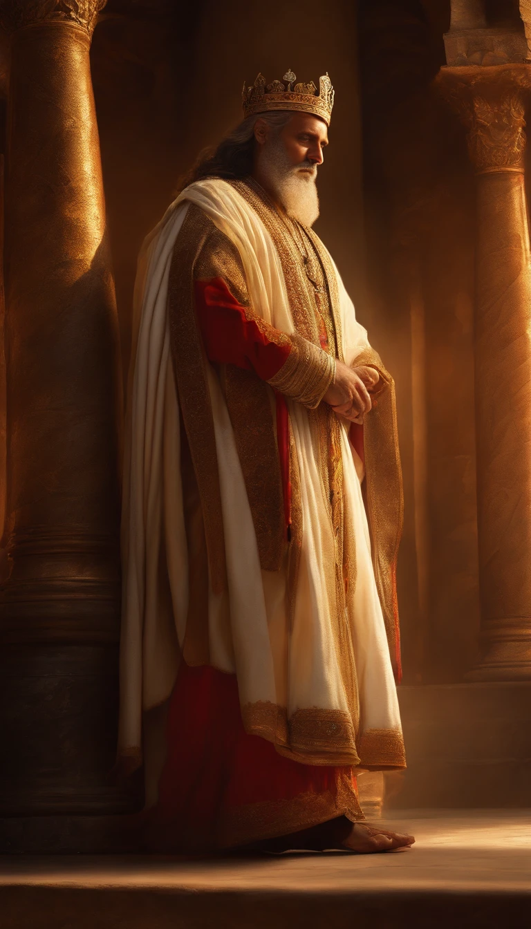 (best quality:1.2, HDR, ultra-detailed, realistic:1.37), King salomon looking at the canvas, long robes, religion, ultra-photorealistic, portraits, vibrant colors, soft lighting, detailed brushstrokes, holy atmosphere, serene expression, ancient background setting, deep spirituality.
