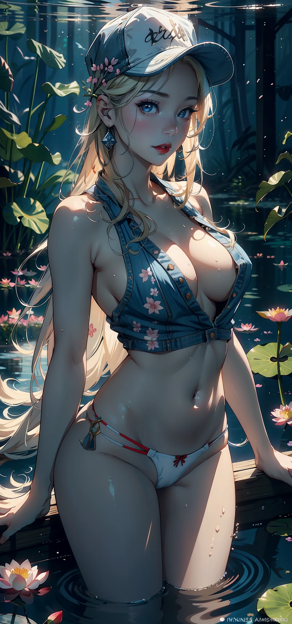 (Background with:ponds,Cherry blossom forest,lotus flower)Lie underwater, She has long blonde hair,seen from the front,mostly cloudy sky,(((tmasterpiece),(Very detailed CG unity 8K wallpaper),best qualtiy,cinmatic lighting,detailed back ground,beatiful detailed eyes,Bright pupils,Blue eyes,Snow-whiteskin,Redlip(Very fine and beautiful),(Beautiful and detailed eye description),ultra - detailed,tmasterpiece,))facing at camera,A high resolution,ultra - detailed),revealing breasts,Bare genitalia, Bulge,legs are open,Raised sexy,Camel toes,Desire for dissatisfaction,frontage,(Wearing :耳Nipple Ring, jewely, denim vest, Bare )baseball cap