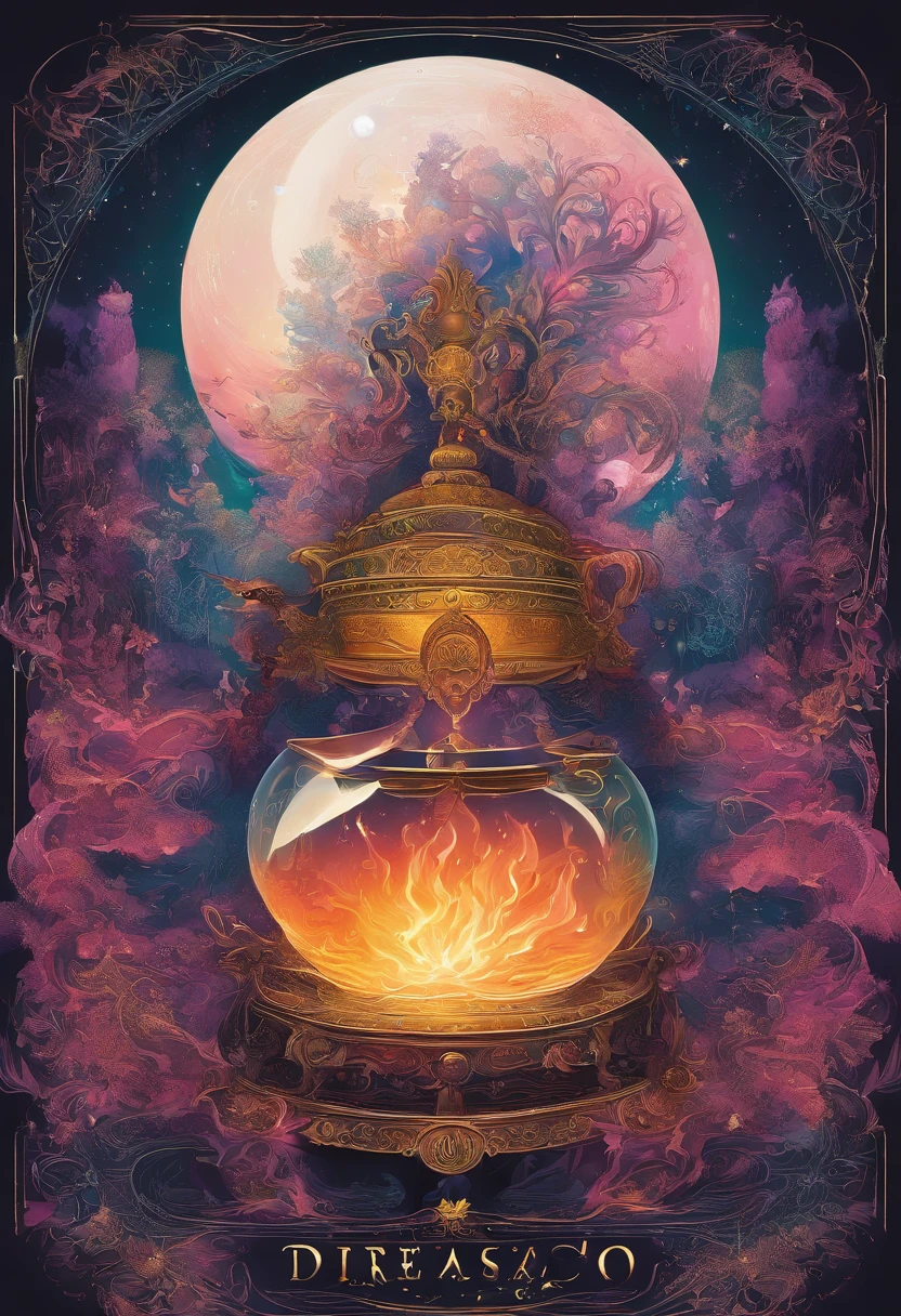 Show an education scenario of the future, com salas de aula virtuais, mentores inteligentes, e o potencial para o aprendizado interestelar. 8k a closeup of a cauldron with smoke coming out of it, lute, Tempo Lunar, Psychedelic Effect, metade da Lua minguante para direitaao fundo em cima, lua dourada, lua minguante, lua quarto minguante
