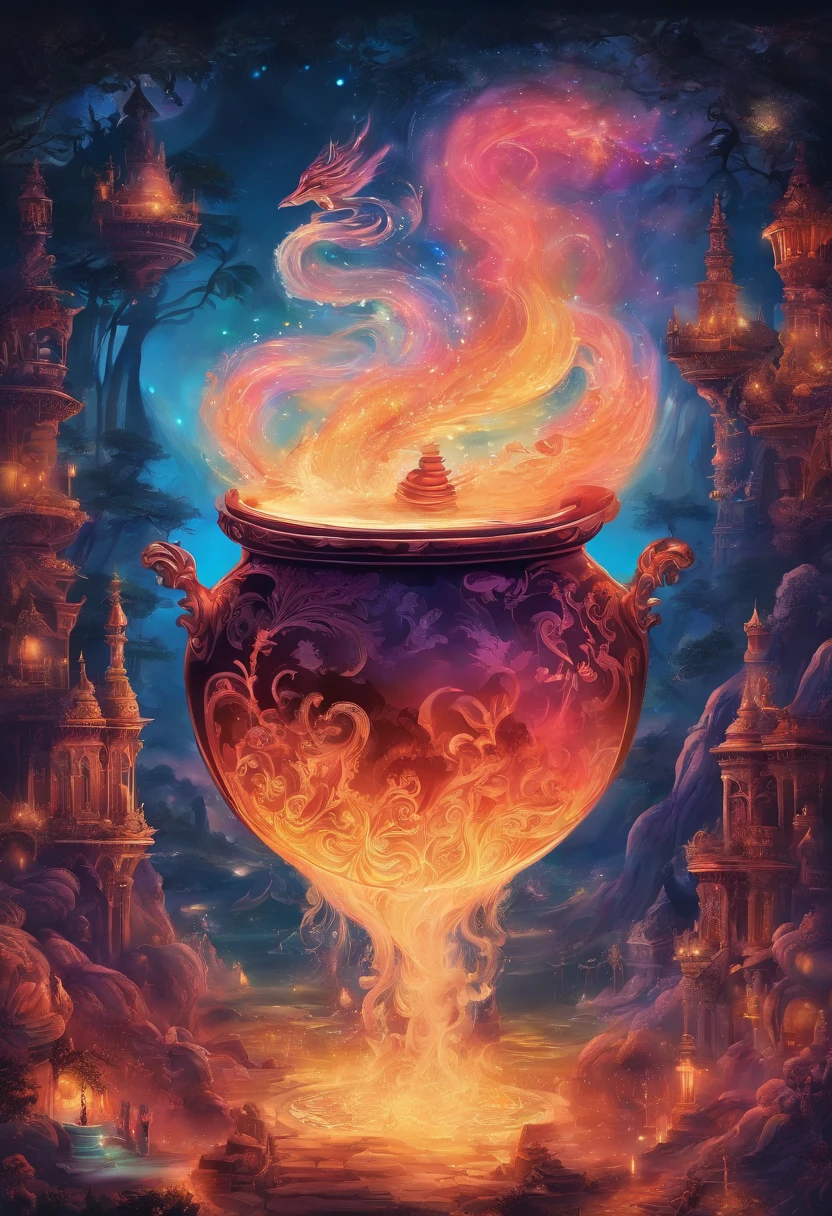 Show an education scenario of the future, com salas de aula virtuais, mentores inteligentes, e o potencial para o aprendizado interestelar. 8k a closeup of a cauldron with smoke coming out of it, lute, Tempo Lunar, Psychedelic Effect, meia Lua ao fundo em cima, lua dourada, lua minguante, lua quarto minguante