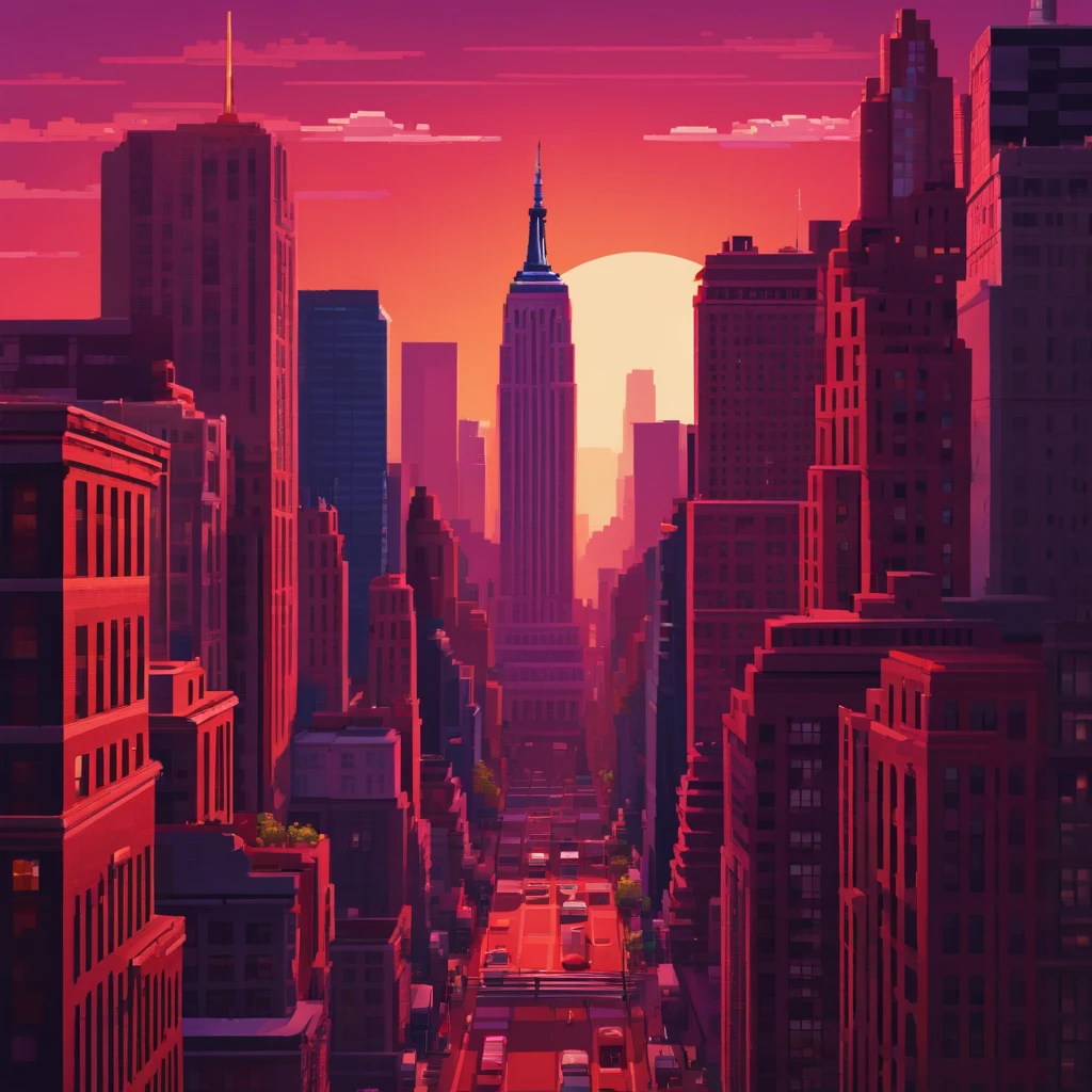 ::Stil A (pixel art:1.2)new york in 2040, isometrisch, Rot und Lila, retro, (8 Bit), (8 Bit), bildpunkte, Large pixels, low res ::n_Foto im Stil, realistisch, high resolution