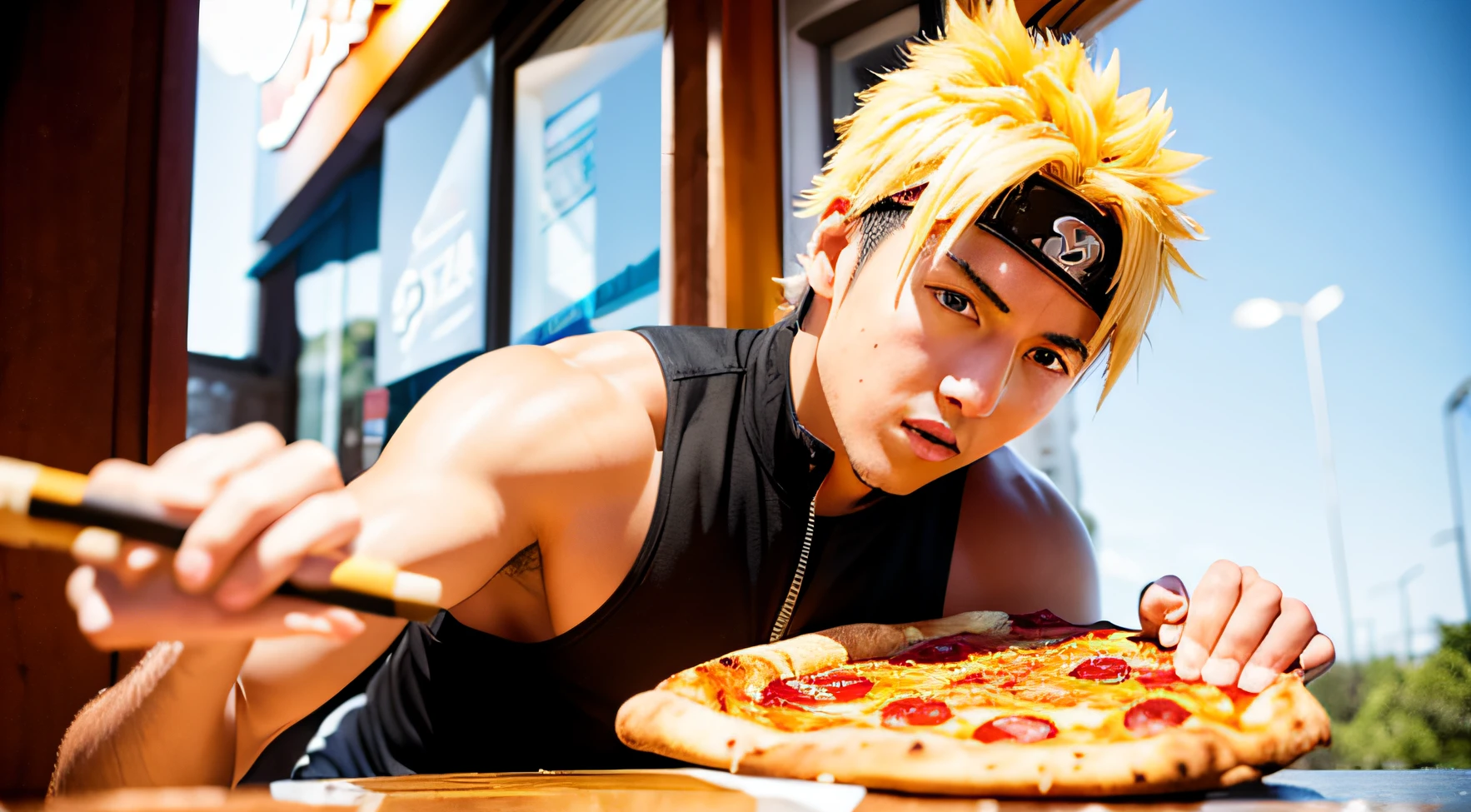 Naruto Uzumaki EATING A PIZZA IN A BEAUTIFUL, BRIGHT AND WELL BUZZY PIZZARIA