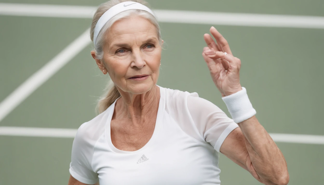 Charming elderly tennis player in her 60s in white fitted short sportswear, shapely body, mini skirt, A Dramatic Perspective, Serving Pose, Background to the stadium, Radiant glow, She is 60 years old, No eye deformity, very large tits. Sexy Realistic, tmasterpiece, beste-Qualit, ultradetail, 8K, detailed light, detailed shadow, RAW, (Detailed leather),