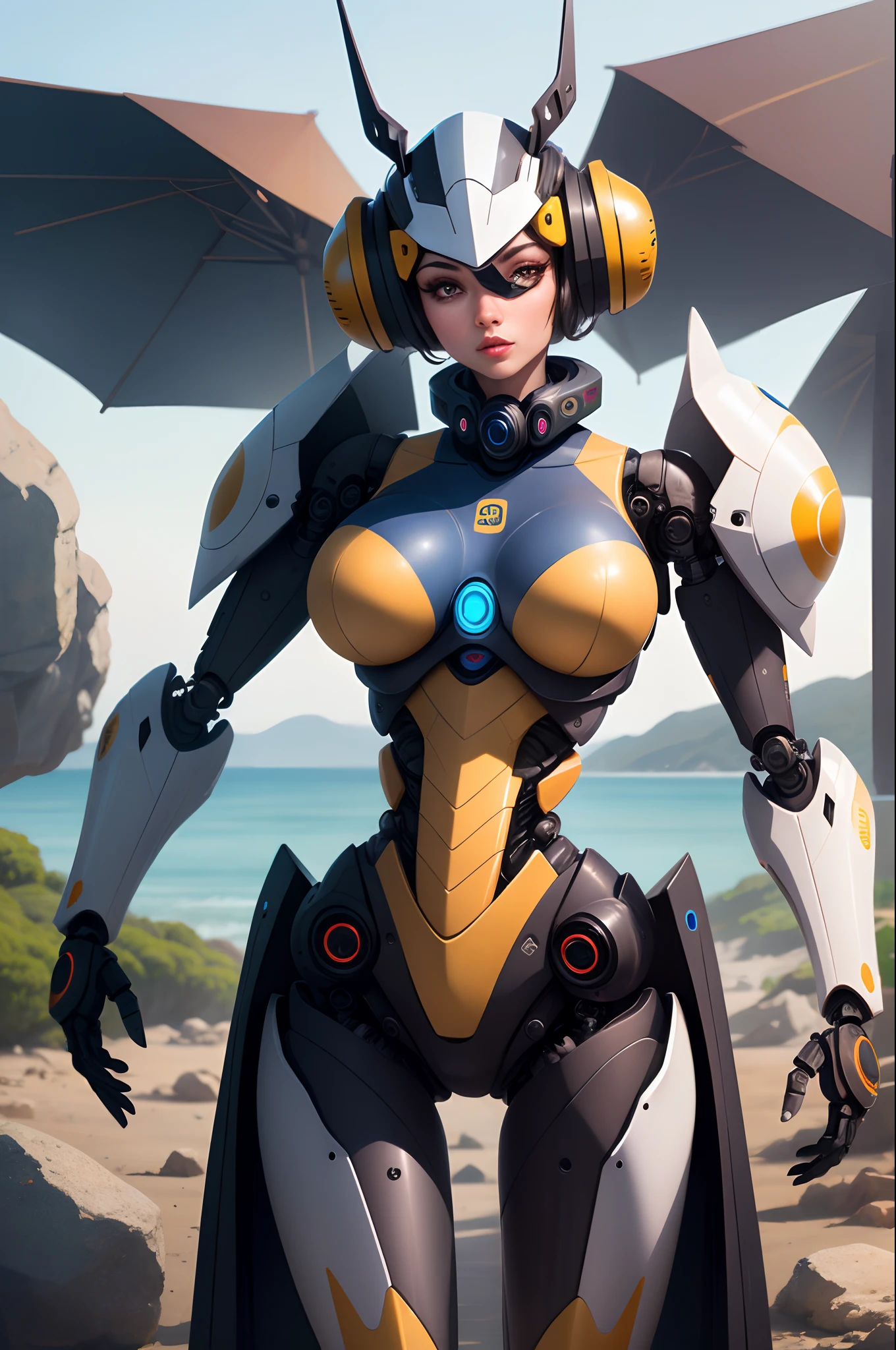 ROTB_Arcee, 1girl, big breasts, smile, robot, mecha, (glowing eyes:1.2), outdoors, wide hips, navel, thick thighs, blue bra, blue panties, big ass, sexy pose, tall, spread your legs, vulva, no brak