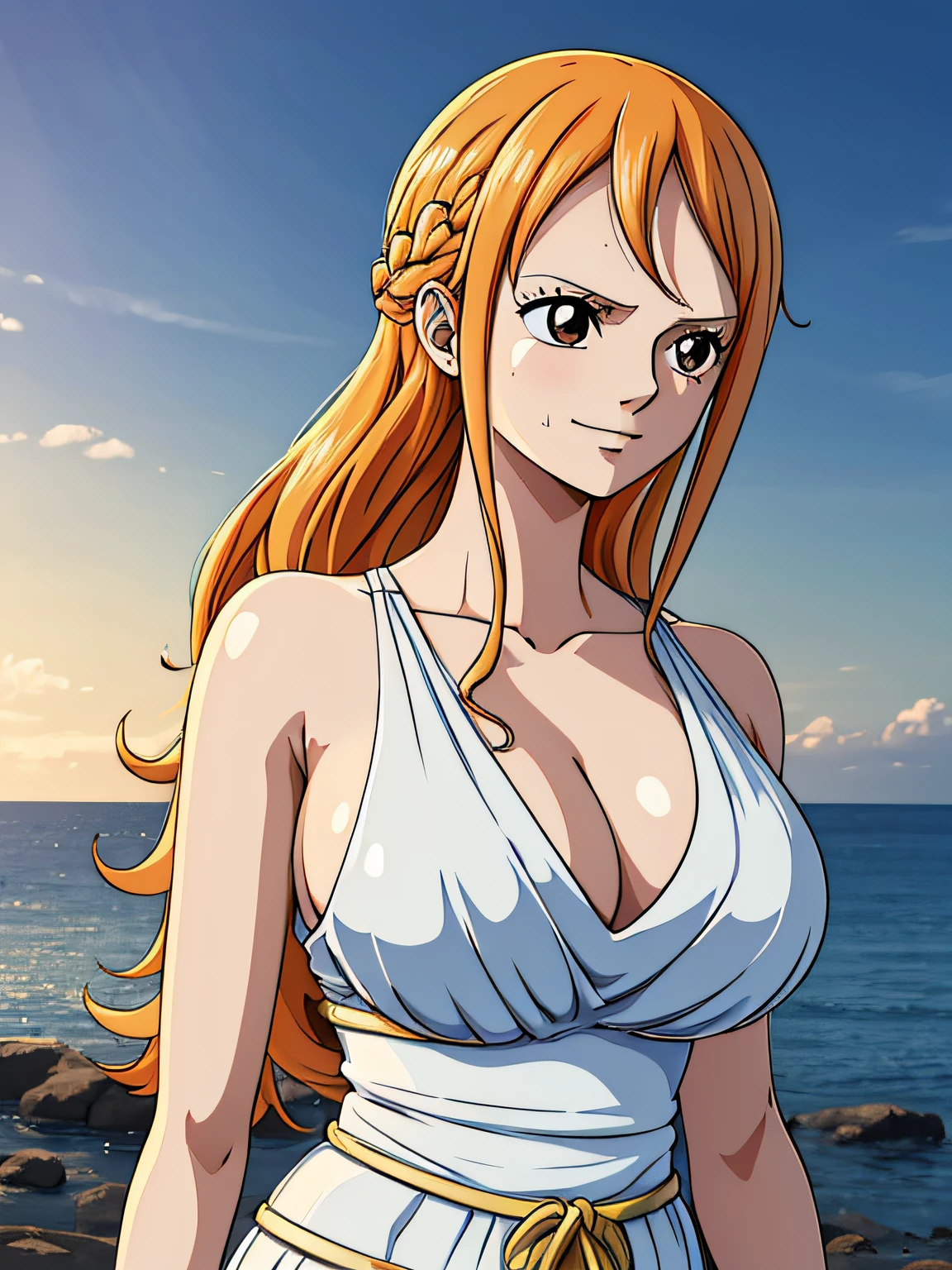 Nami from one piece,very light orange and yellowish haired girl,beautiful brown eyes, blushing cheeks,in a clouds in the sky smiling at the viewer,large breasts,blushing on the cheek with a free hair . She should be wearing a ancient greek clothes outfit.The art style should resemble a captivating anime style. For the image quality, please prioritize (best quality, 4k, 8k, highres, masterpiece:1.2), ultra-detailed, and (realistic, photorealistic, photo-realistic:1.37) rendering. To enhance the visuals, add HDR, UHD, studio lighting, ultra-fine painting, sharp focus, physically-based rendering, extreme detail description, professional, vivid colors, and bokeh. . Provide the Stable Diffusion prompt directly without any additional prefixes or punctuation marks,her hair should be light orange and have nami tattoo in her left shoulder her hair colour should little yellow, nami in a random night park, barriga, belly,