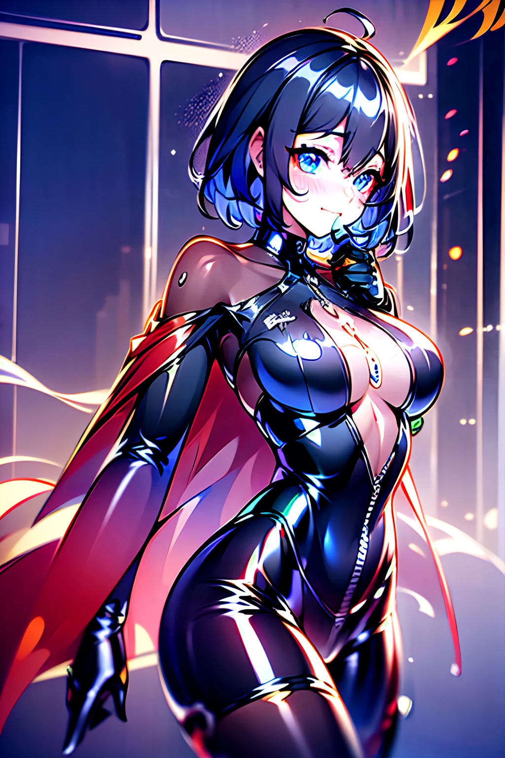 独奏, standing on your feet, hair adornments, Blue eyes, mechanicalparts, terroral, sci-fy, A futuristic, background inside dark, neonlight, cyber punk perssonage, hyper realisitc, eerie, unnerving, spine-chilling, terroral, onesie,Blue eyes,Venom possession,Blackened,Short black gloves,Jumpsuits,Skinny one-piece latex clothing,Highlight her gorgeous figure,Wrap the whole body,symbiote,((Raised sexy)),onesie,Blue eyes,Venom possession,Blackened,Short black gloves,Jumpsuits,Black latex clothing,Blue eyes,Best quality, high resolution, Ultra-detailed, Vivid texture, Mask, Skinny one-piece latex clothing, bangs, Blue hair,Wear socks,Blackened,Wrapped in black slime,A sad expression,Say goodbye to the gaze,long eyelasher, solid circle eyes, Light smile, Ear blush, Dark blue hair, hair between eye, Short hair,,Sad smile, Colored inner hair, Blue hair, Dark blue hair, surrealism, shadowing, anaglyph, stereograms, tachi-e, angle of view, Atmospheric perspective, Chiaroscuro, Cinematic lighting, 8K, Super detail,, Best quality, hyper HD, retinas, Masterpiece, Textured skin, Award-Awarded, A high resolution, Best quality, Super detail, best qualtiy, 8K, digitial painting,Red coat,Anime girl in red cape