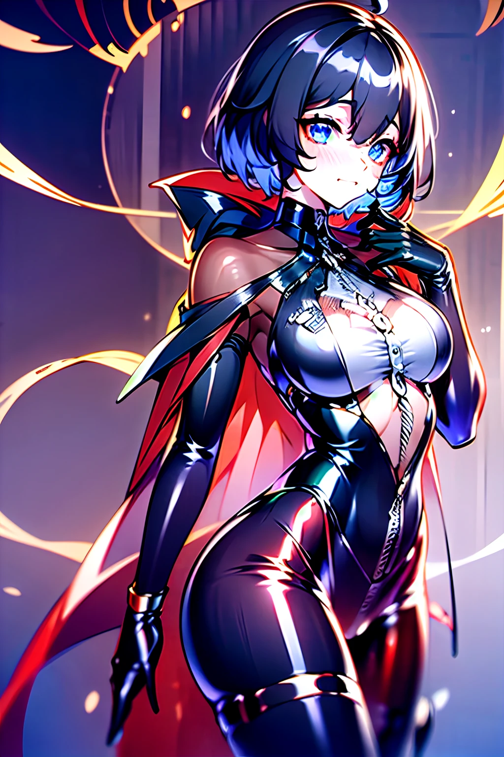 独奏, standing on your feet, hair adornments, Blue eyes, mechanicalparts, terroral, sci-fy, A futuristic, background inside dark, neonlight, cyber punk perssonage, hyper realisitc, eerie, unnerving, spine-chilling, terroral, onesie,Blue eyes,Venom possession,Blackened,Short black gloves,Jumpsuits,Skinny one-piece ,Highlight her gorgeous figure,Wrap the whole body,symbiote,((Raised )),onesie,Blue eyes,Venom possession,Blackened,Short black gloves,Jumpsuits,Black ,Blue eyes,Best quality, high resolution, Ultra-detailed, Vivid texture, Mask, Skinny one-piece , bangs, Blue hair,Wear socks,Blackened,Wrapped in black slime,A sad expression,Say goodbye to the gaze,long eyelasher, solid circle eyes, Light smile, Ear blush, Dark blue hair, hair between eye, Short hair,,Sad smile, Colored inner hair, Blue hair, Dark blue hair, surrealism, shadowing, anaglyph, stereograms, tachi-e, angle of view, Atmospheric perspective, Chiaroscuro, Cinematic lighting, 8K, Super detail,, Best quality, hyper HD, retinas, Masterpiece, Textured skin, Award-Awarded, A high resolution, Best quality, Super detail, best qualtiy, 8K, digitial painting,Red coat,Anime girl in red cape