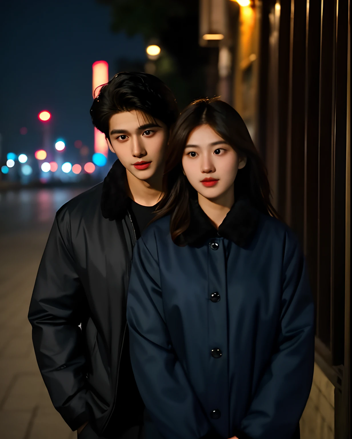 Handsome boy, handsome, turned, night street, nervous, scared siting with a girl happy moments