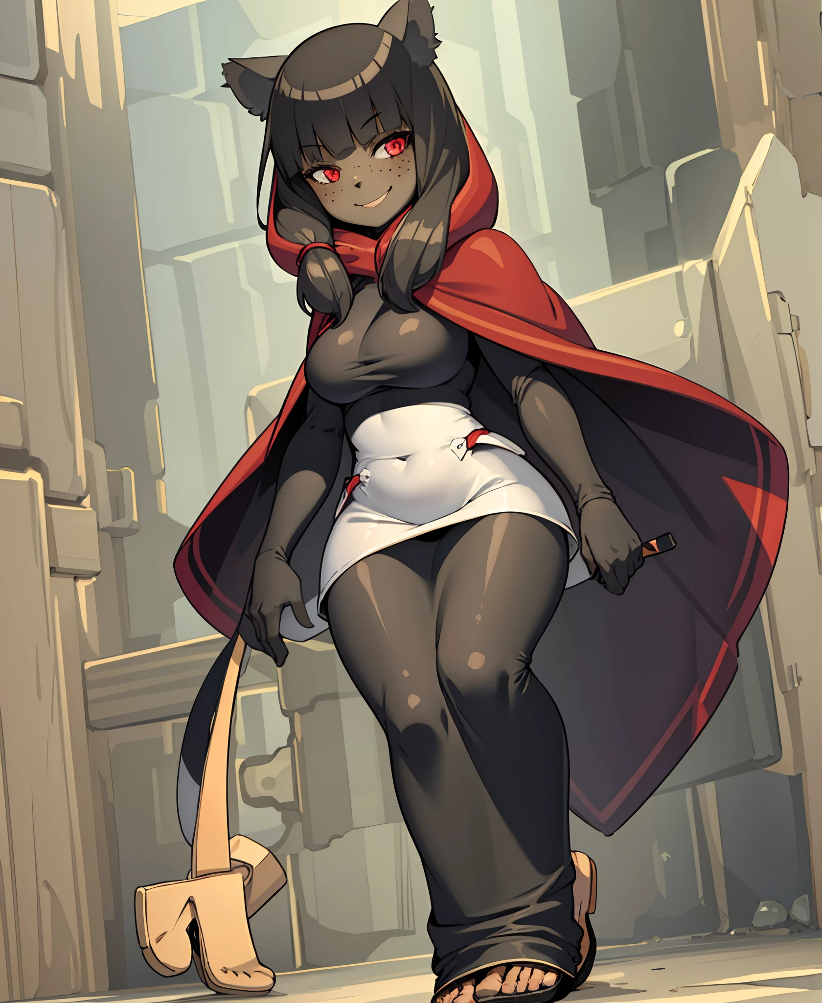 1girl, dark skin, smile, cat ears, bangs, long hair, freckles, full body, ,, red eyes, hood , cloak, yellow cloths, full body, flipflops