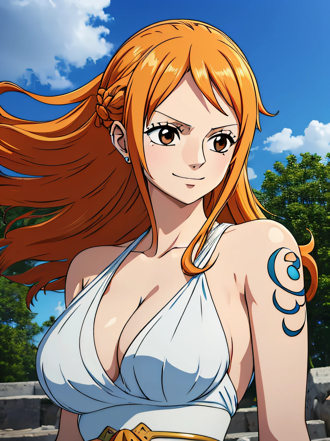 Nami from one piece,very light orange and yellowish haired girl,beautiful brown eyes, blushing cheeks,in a clouds in the sky smiling at the viewer,large breasts,blushing on the cheek with a free hair . She should be wearing a ancient greek clothes outfit.The art style should resemble a captivating anime style. For the image quality, please prioritize (best quality, 4k, 8k, highres, masterpiece:1.2), ultra-detailed, and (realistic, photorealistic, photo-realistic:1.37) rendering. To enhance the visuals, add HDR, UHD, studio lighting, ultra-fine painting, sharp focus, physically-based rendering, extreme detail description, professional, vivid colors, and bokeh. . Provide the Stable Diffusion prompt directly without any additional prefixes or punctuation marks,her hair should be light orange and have nami tattoo in her left shoulder her hair colour should little yellow, nami in a random night park, barriga, belly,