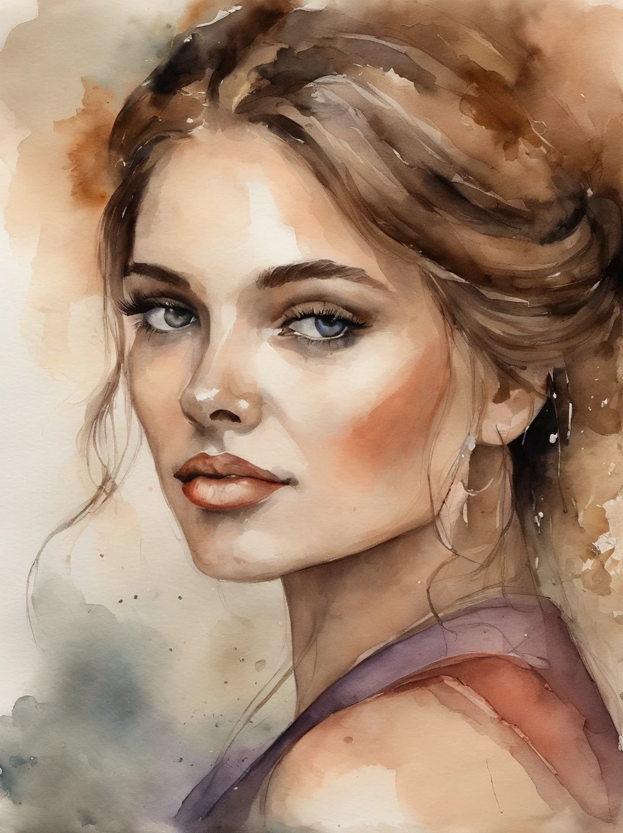 Imagine a watercolor portrait painting of a young woman with a serene expression. The painting captures the delicate play of light and shadow on her features. Her eyes are a mesmerizing shade of deep blue, and they seem to hold a hint of a distant memory. The artist's skillful brushstrokes bring out the subtle textures of her skin, giving it a lifelike quality. The subject's lips are softly painted with a natural pink hue, and a gentle smile graces her face. Wisps of her wavy auburn hair frame her face, blending beautifully with the dreamy, ethereal background of soft pastel colors. The overall ambiance of the painting exudes a sense of tranquility and introspection.