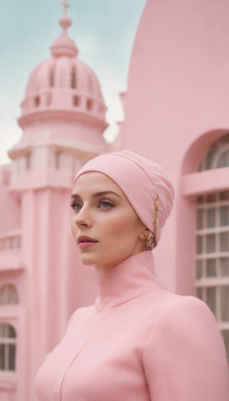 8k portrait of a 1960s science fiction film by Wes Anderson, Vogue anos 1960, pink pastel colors, amarelo, azul, verde, old futuristuc city and old ornaments with mechanical pets in town, Luz Natural, Psicodelia, futurista estranho, fotorrealista, hiper detalhado, foco nítido, Intrinsic, Fuji filmes 55mm,
