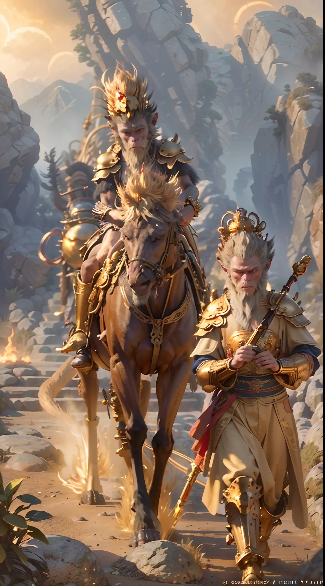 Picture a long and treacherous path winding through diverse landscapes, from lush forests and mountain passes to vast deserts. Sun Wukong, Tang Sanzang, and their companions move forward on their epic pilgrimage. Highly detailed Monkey Kingholding a golden stick across his shoulders,Golden fire eyes,ancient Chinese style mythology,Buddhist mythology,Taoist mythology,divino,devout,worship,Cloud fog,global illumination,The picture is bright,high high quality,Best quality at best,Reality,Super realistic,super detailing, masterpiece,A high resolution,8K,Very realistic,Anthropomorphic Xiuxian male monkey man,Golden-scaled armor, Flame armor,Fire-eyed golden eyes Bright and brave, Ancient legends, Journey to the West characters, Excellent location,Earthscape, (Vibrant golden glow:1.5), (Digital painting:1.25), (4K:1.2). environment: panoramic view of a dessert