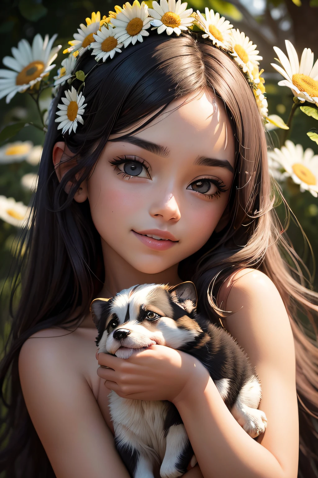 Menina bonita de 2 anos, feliz e sorridente, com cabelos muito longos ruivos e levemente ondulados, de pele branca com um leve tom rosado, com olhos castanhos esverdeados, with your puppy in a park surrounded by lots of greenery and daisies, retrato detalhado, complexidade intrincada, Tinta escura, luminescente, Artistic Station, arte conceitual, Arte Nova, Ilustrativos, Smooth and sharp focus Highly detailed, maximalista e realista.