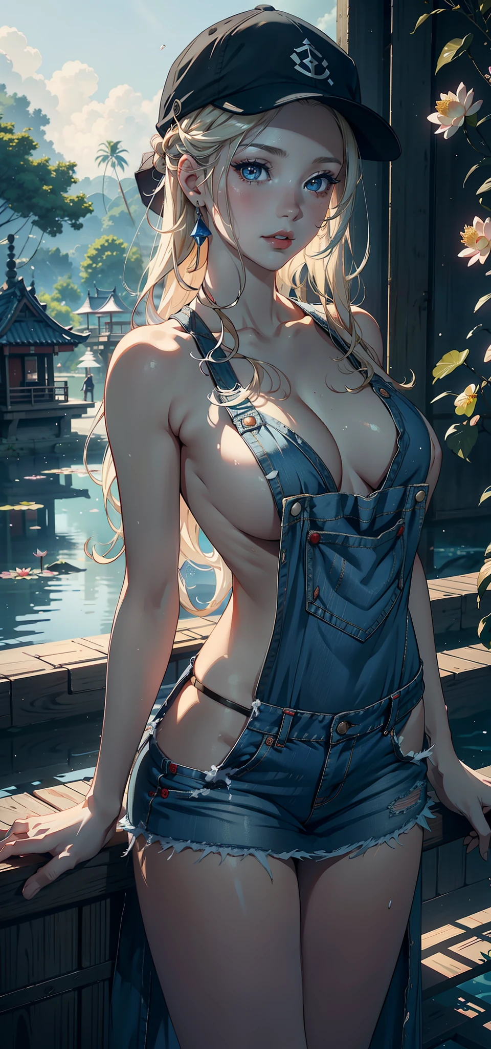 （Background with：ponds，Cherry blossom forest，lotus flower）Lie underwater， She has long blonde hair，seen from the front，mostly cloudy sky，（（（tmasterpiece），（Very detailed CG unity 8K wallpaper），best qualtiy，cinmatic lighting，detailed back ground，beatiful detailed eyes，Bright pupils，Blue eyes，Snow-whiteskin，Redlip（Very fine and beautiful），（Beautiful and detailed eye description），ultra - detailed，tmasterpiece，））facing at camera，A high resolution，ultra - detailed），revealing breasts，Bare genitalia，  Bulge，legs are open，Raised sexy，Camel toes，Desire for dissatisfaction，frontage，（Wearing ：耳Nipple Ring， jewely， Denim apron， Bare ）baseball cap