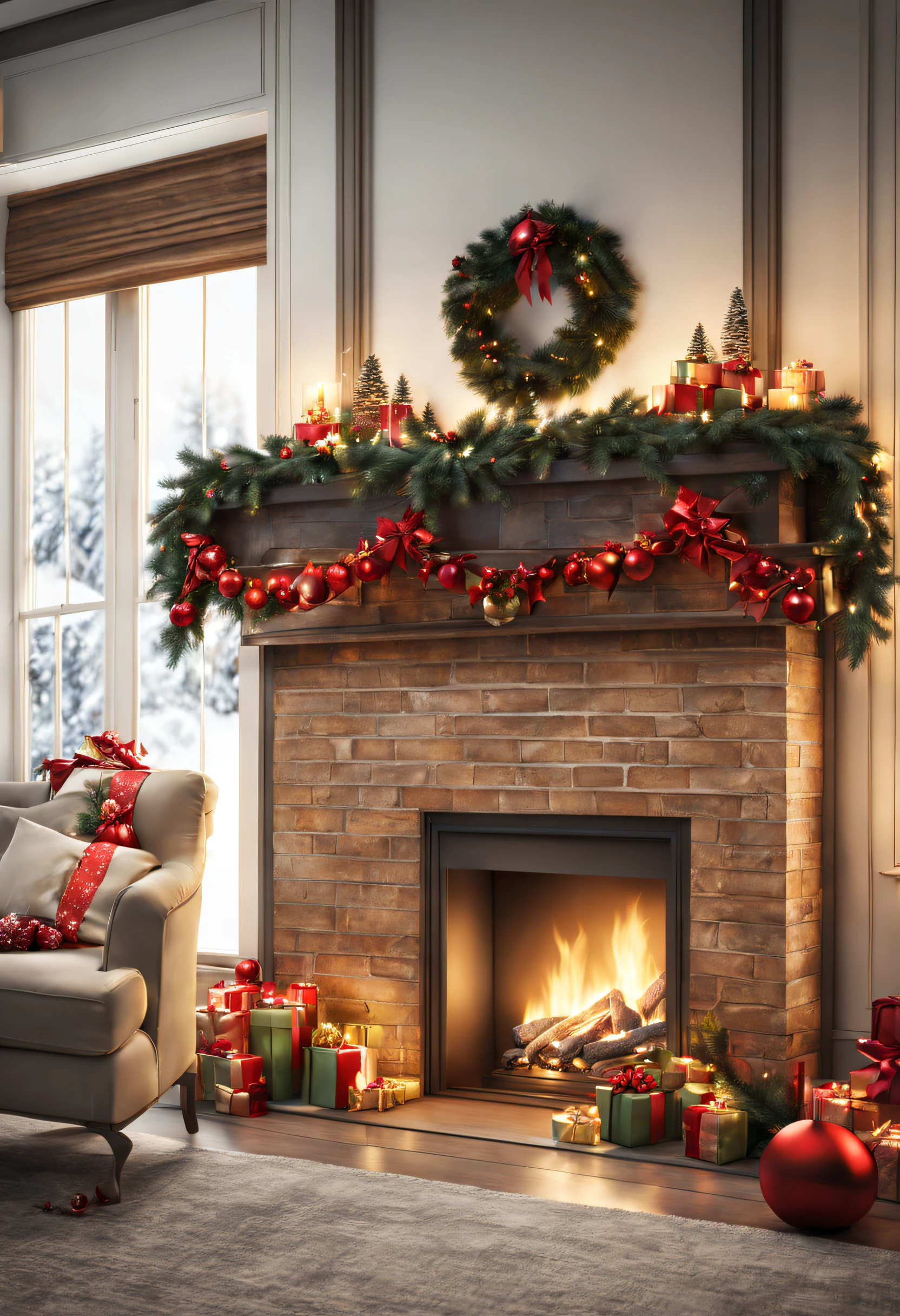fireplace with christmas decorations, fhd, photorealistic, beauty