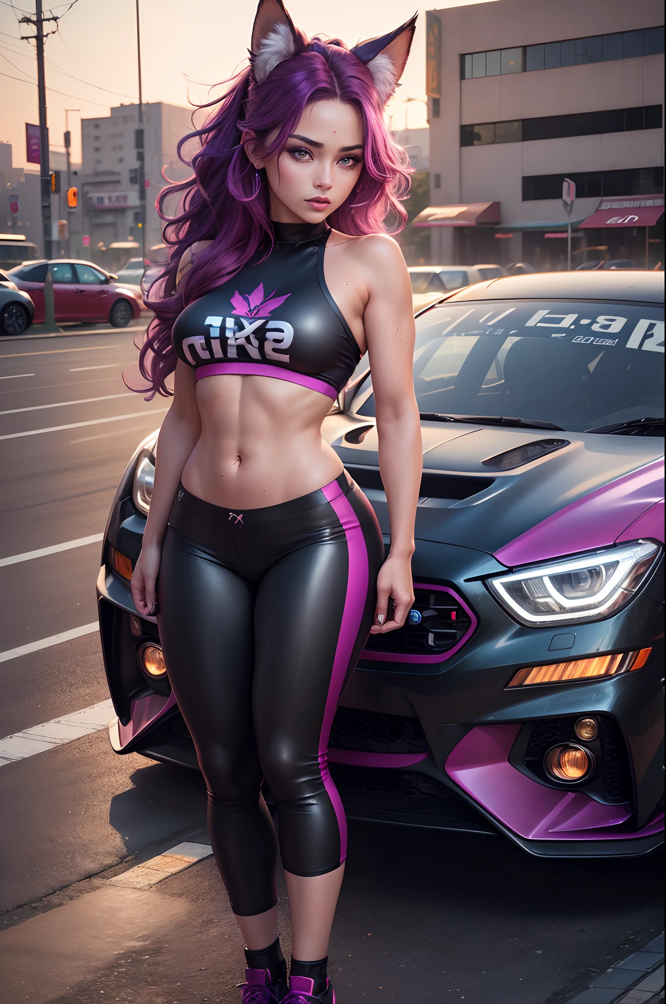 (detailed beautiful eyes and detailed face, masterpiece side light, masterpiece, best quality, detailed, high-resolution illustration), best quality, ultra detailed, extremely detailed, (masterpiece:1.1), high quality, (highres), (1 female), ((City background, realistic car, car open hood, engine, racing), night sky, Tokyo, neon lights), (racing, exposing ass cheeks, beautiful woman, Mexican, Hispanic, shiny skin, sweaty, small breast, tanned skin, shoulder sunflower tattoo, full body), (magenta hair, magenta colored eyes, magenta fox ears, black pants, red crop top)