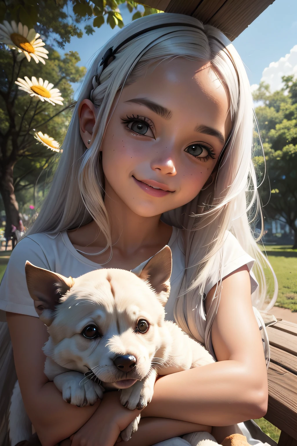 Menina bonita de 2 anos, feliz e sorridente, com cabelos muito longos ruivos e levemente ondulados, de pele branca com um leve tom rosado, com olhos castanhos esverdeados, with your puppy in a park surrounded by lots of greenery and daisies, retrato detalhado, complexidade intrincada, Tinta escura, luminescente, Artistic Station, arte conceitual, Arte Nova, Ilustrativos, Smooth and sharp focus Highly detailed, maximalista e realista.
