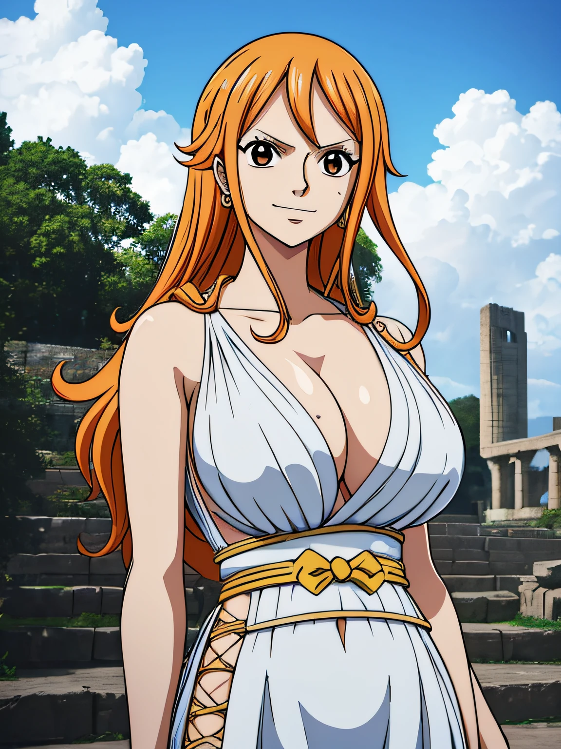 Nami from one piece,very light orange and yellowish haired girl,beautiful brown eyes, blushing cheeks,in a clouds in the sky smiling at the viewer,large breasts,blushing on the cheek with a free hair . She should be wearing a ancient greek clothes outfit.The art style should resemble a captivating anime style. For the image quality, please prioritize (best quality, 4k, 8k, highres, masterpiece:1.2), ultra-detailed, and (realistic, photorealistic, photo-realistic:1.37) rendering. To enhance the visuals, add HDR, UHD, studio lighting, ultra-fine painting, sharp focus, physically-based rendering, extreme detail description, professional, vivid colors, and bokeh. . Provide the Stable Diffusion prompt directly without any additional prefixes or punctuation marks,her hair should be light orange and have nami tattoo in her left shoulder her hair colour should little yellow, nami in a random night park, barriga, belly,