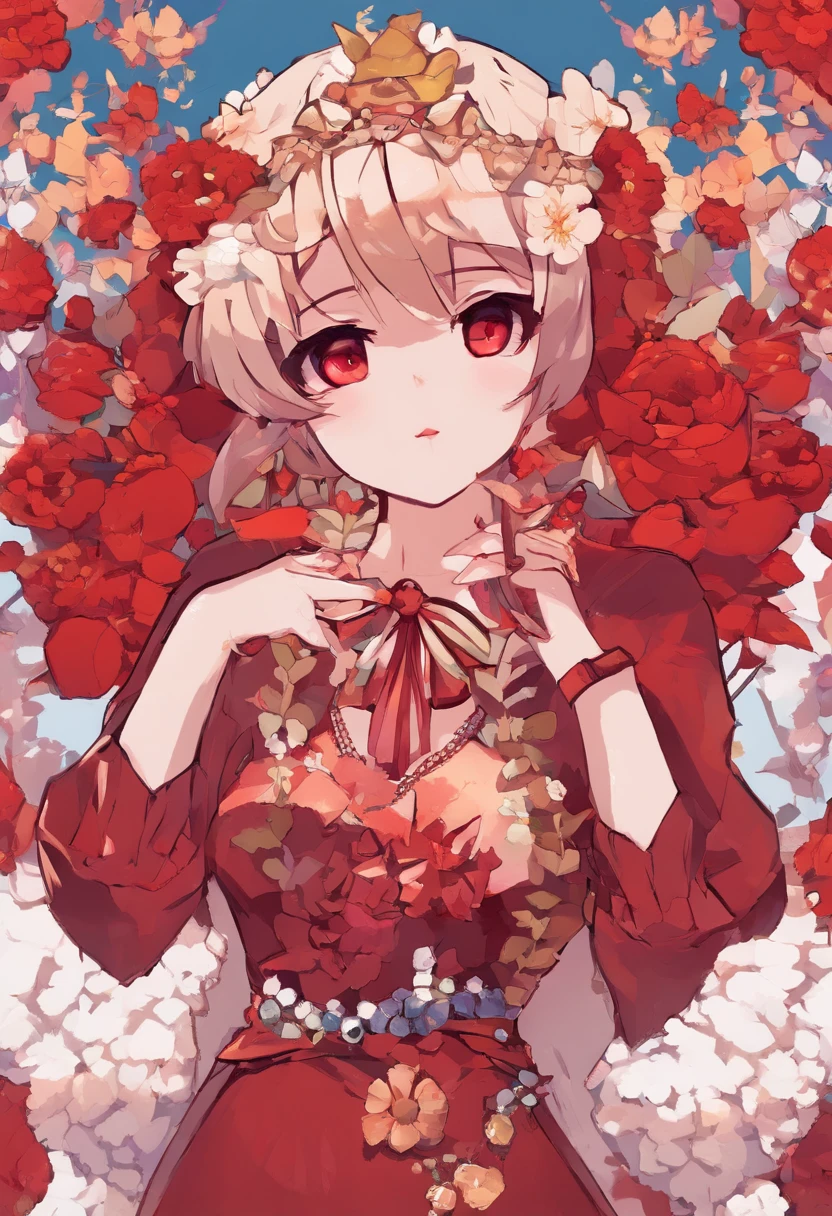 (masterpiece),(best quality:1.0), (ultra highres:1.0), detailed illustration, 8k, anime, 1girl, beautiful anime girl, wearing a red dress, flower crown, pretty face, detailed face, beautiful eyes, detailed eyes, dark red eyes, bright red lips, red lipstick, beautiful stylish hair, highlights in hair, bangs anime style, best quality, vibrant