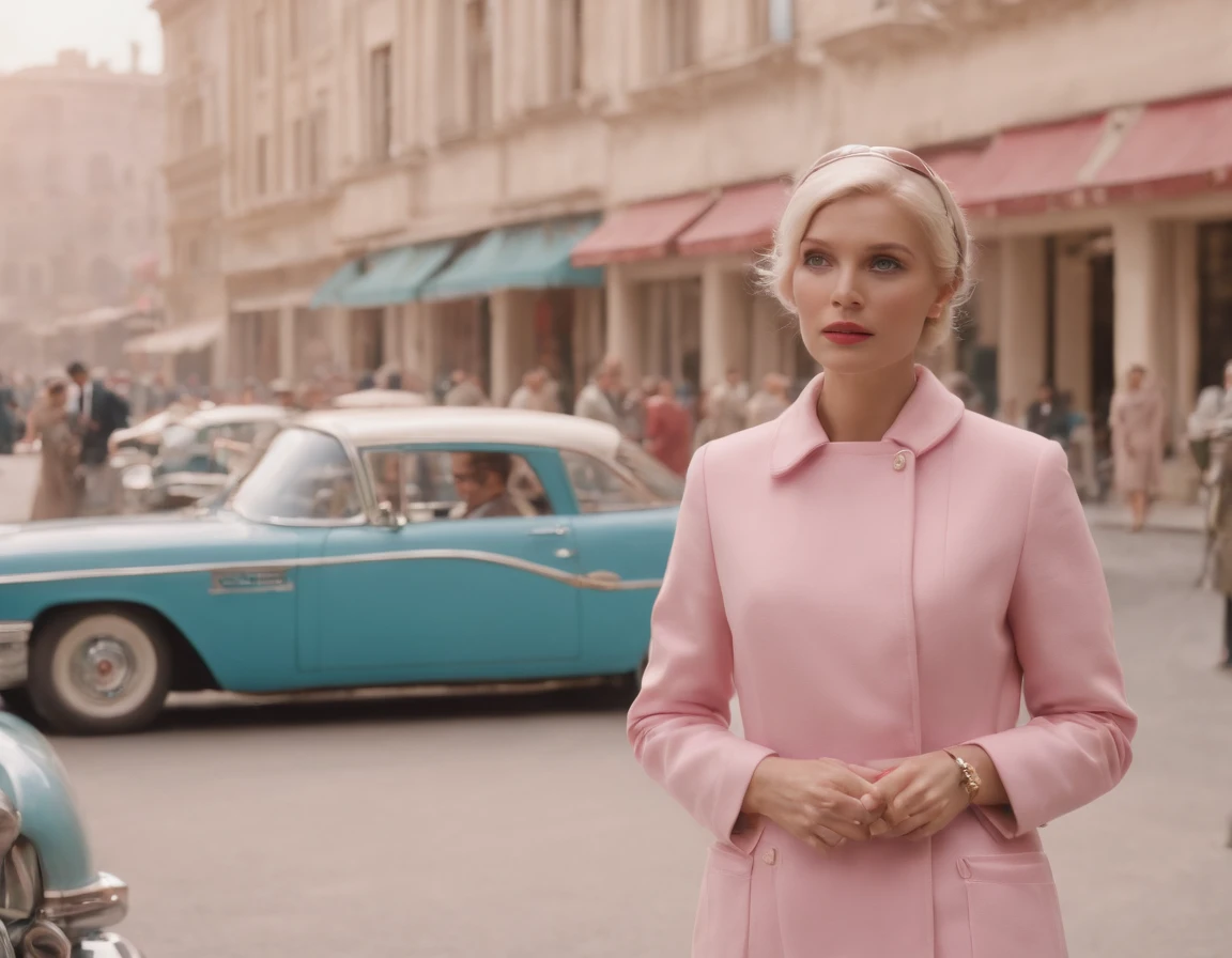 8k video clip of a 1960s science fiction film by Wes Anderson, Vogue anos 1960, pink pastel colors, amarelo, azul, verde, old futuristuc city and old ornaments with mechanical pets in town, Luz Natural, Psicodelia, futurista estranho, fotorrealista, hiper detalhado, foco nítido, Intrinsic, Fuji filmes 55mm,