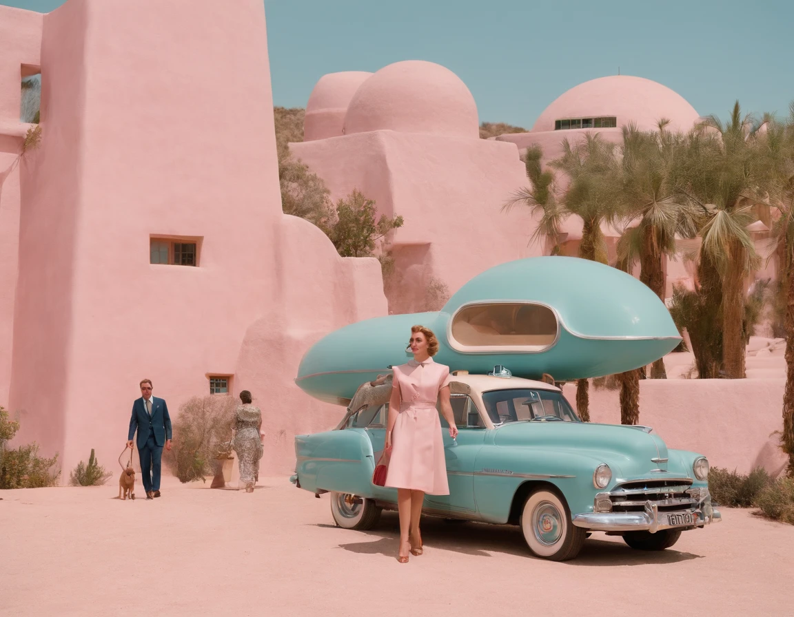 8k video clip of a 1960s science fiction film by Wes Anderson, Vogue anos 1960, pink pastel colors, amarelo, azul, verde, old futuristuc city and old ornaments with mechanical pets in town, Luz Natural, Psicodelia, futurista estranho, fotorrealista, hiper detalhado, foco nítido, Intrinsic, Fuji filmes 55mm,