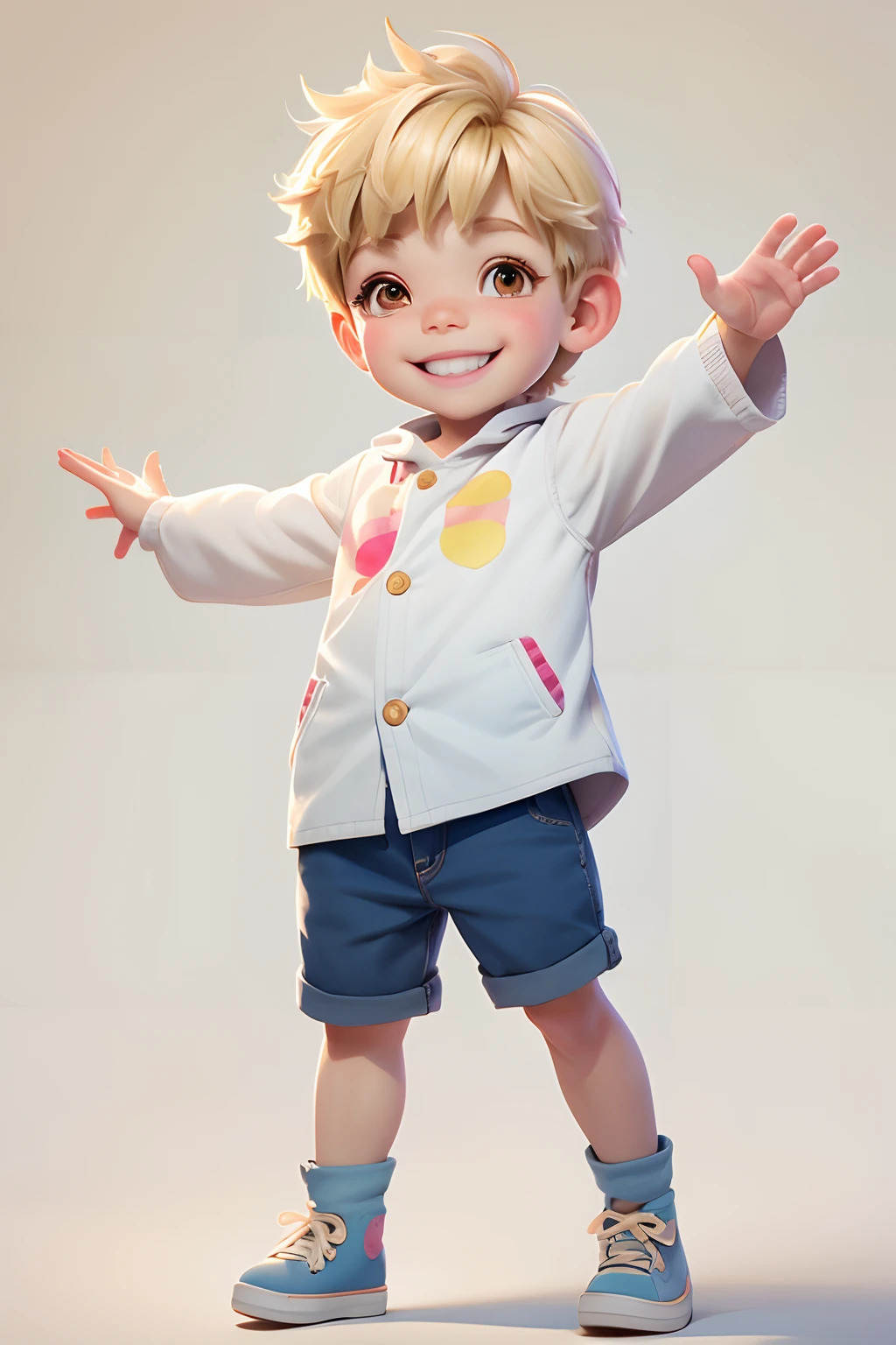 watercolour style, smiling, boy character, full body, multiple poses and expressions, pixar style, dressed in light colours, blonde hair, full body, smiling, white background, HD --ar 2:3 50 --niji 5 --s 2