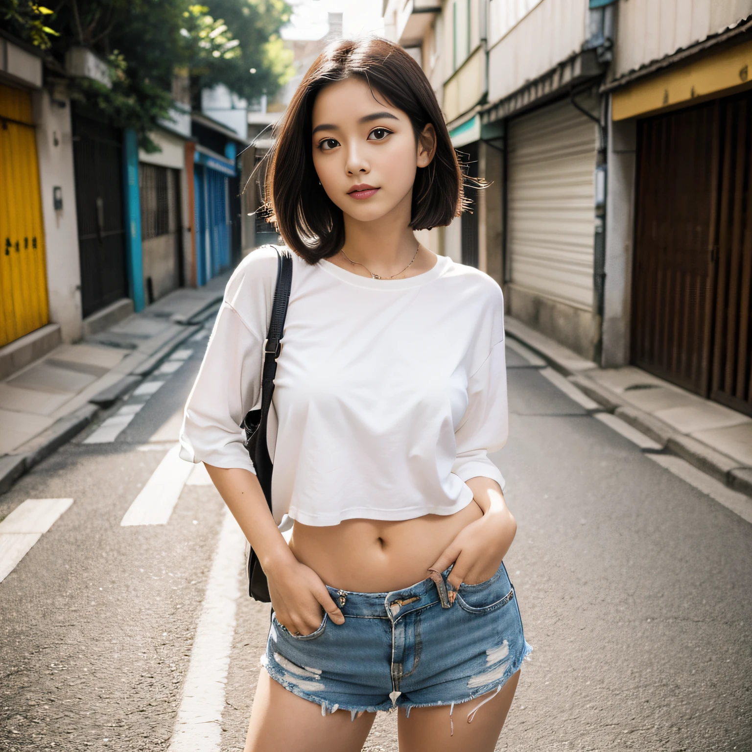 Profesional, realista, Alto nivel de detalle, Foto de cuerpo entero de mujer morena, japonesa, Tight shorts, Recorte blanco, Cabello Welliges, cuerpo entero, De pie posando para una foto, en una calle ,Luz natural, (Joven atractiva:1.3), (seductor:1.1), (rubor:1.1), senos redondos y grandes, escote