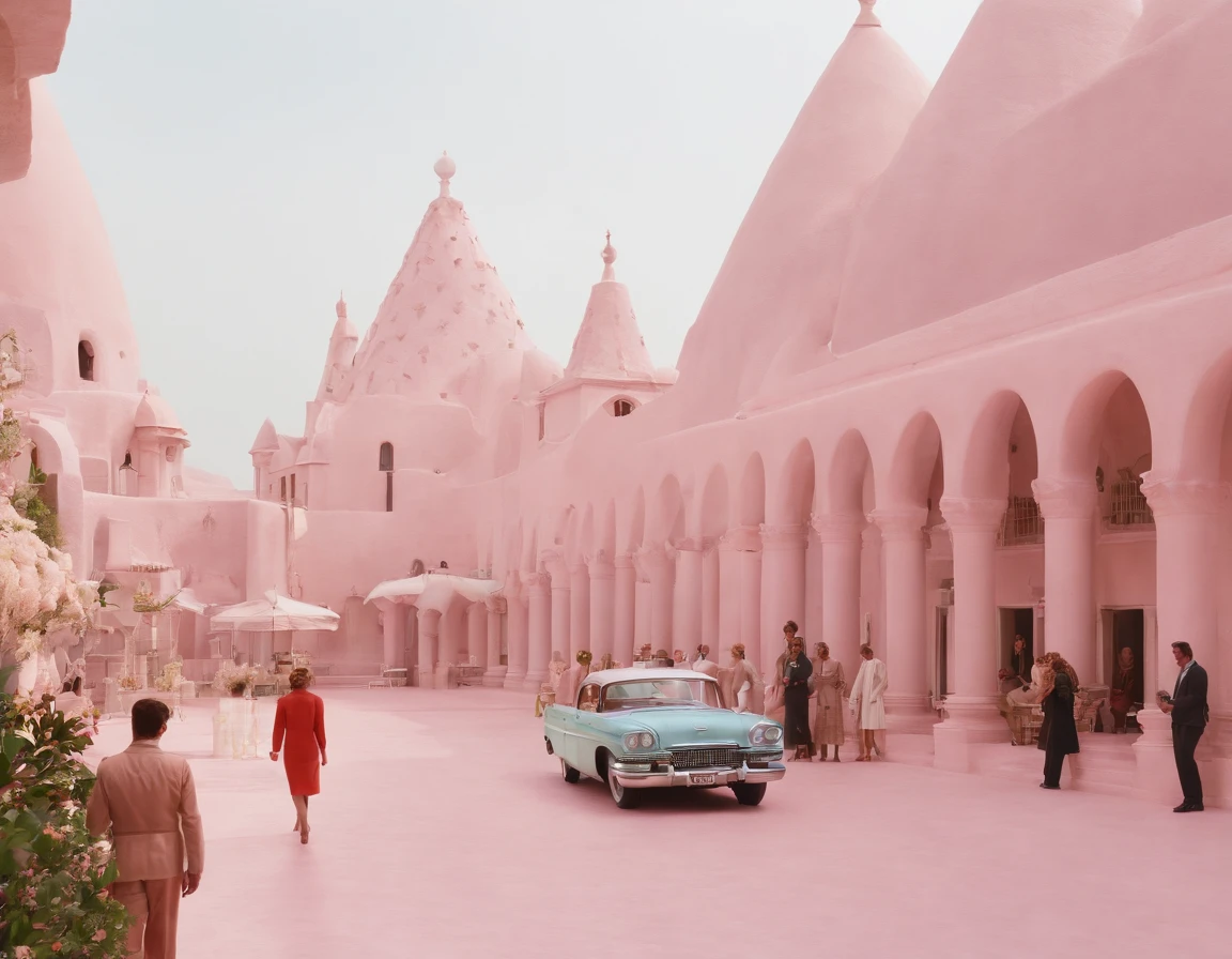 8k video clip of a 1960s science fiction film by Wes Anderson, Vogue anos 1960, pink pastel colors, Cafe, Restaurant old futuristuc city Neon ligts, skyscrapers, full streat with people. palm trees, mansion, doll house style and old ornaments with mechanical pets in town, Luz Natural, Psicodelia, futurista estranho, fotorrealista, hiper detalhado, foco nítido, Intrinsic, Fuji filmes 55mm,