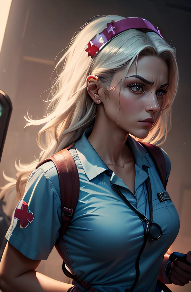 arafed female nurse with a stethoscope , rushing into the emergency room with lots of sick people around, a healthcare worker, nursing, nurse scrubs, wearing a hospital gown, in a fighting stance, nurse, surgical gown and scrubs on, showing anger, holding a caduceus staff, looking threatening, with a stethoscope, profile image, scrubs, (maximalismo:1.7), Vivid contrast, (Realistic), Hyperrealistic illustrations, alta resolução, ultra-detalhada, absurdos