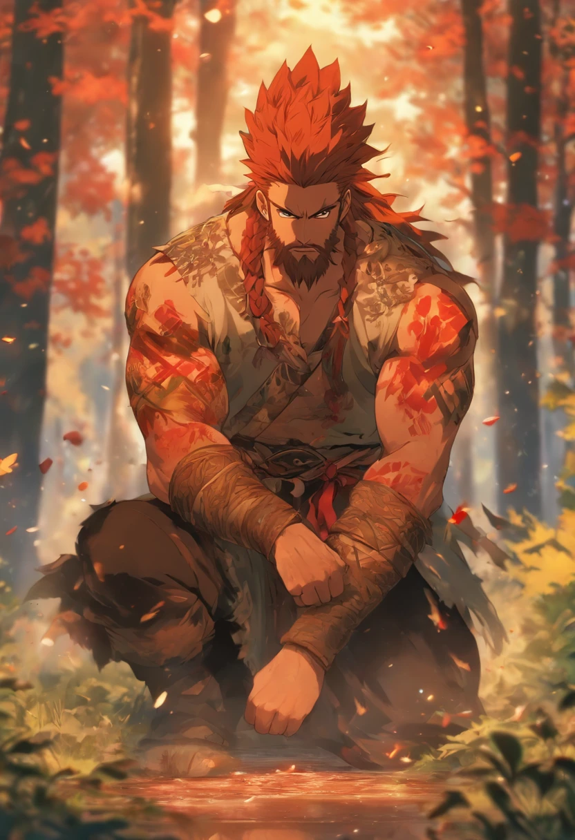 (((Man with amputated arm )))best quality, very high resolution, 4K detailed CG, master piece, Tyr, Nordic warrior, red beard, amputated hand, amputated arm, blood, amputation, wood, nordic, ((amputated arm on the ground)), expression of pain, forest, nordic mythology, nordic tattoos, beautiful aesthetics, beautiful image, centered on the screen