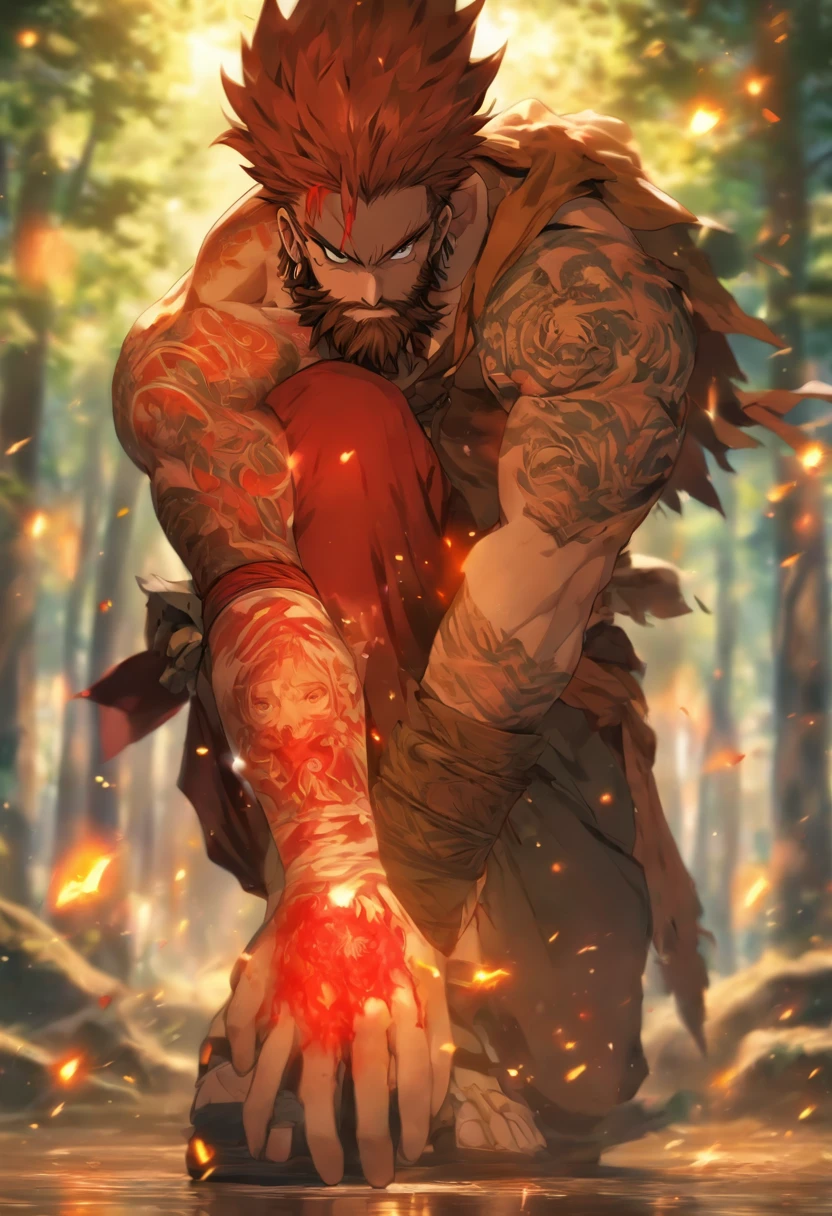 (((Man with amputated arm )))best quality, very high resolution, 4K detailed CG, master piece, Tyr, Nordic warrior, red beard, amputated hand, amputated arm, blood, amputation, wood, nordic, ((amputated arm on the ground)), expression of pain, forest, nordic mythology, nordic tattoos, beautiful aesthetics, beautiful image, centered on the screen