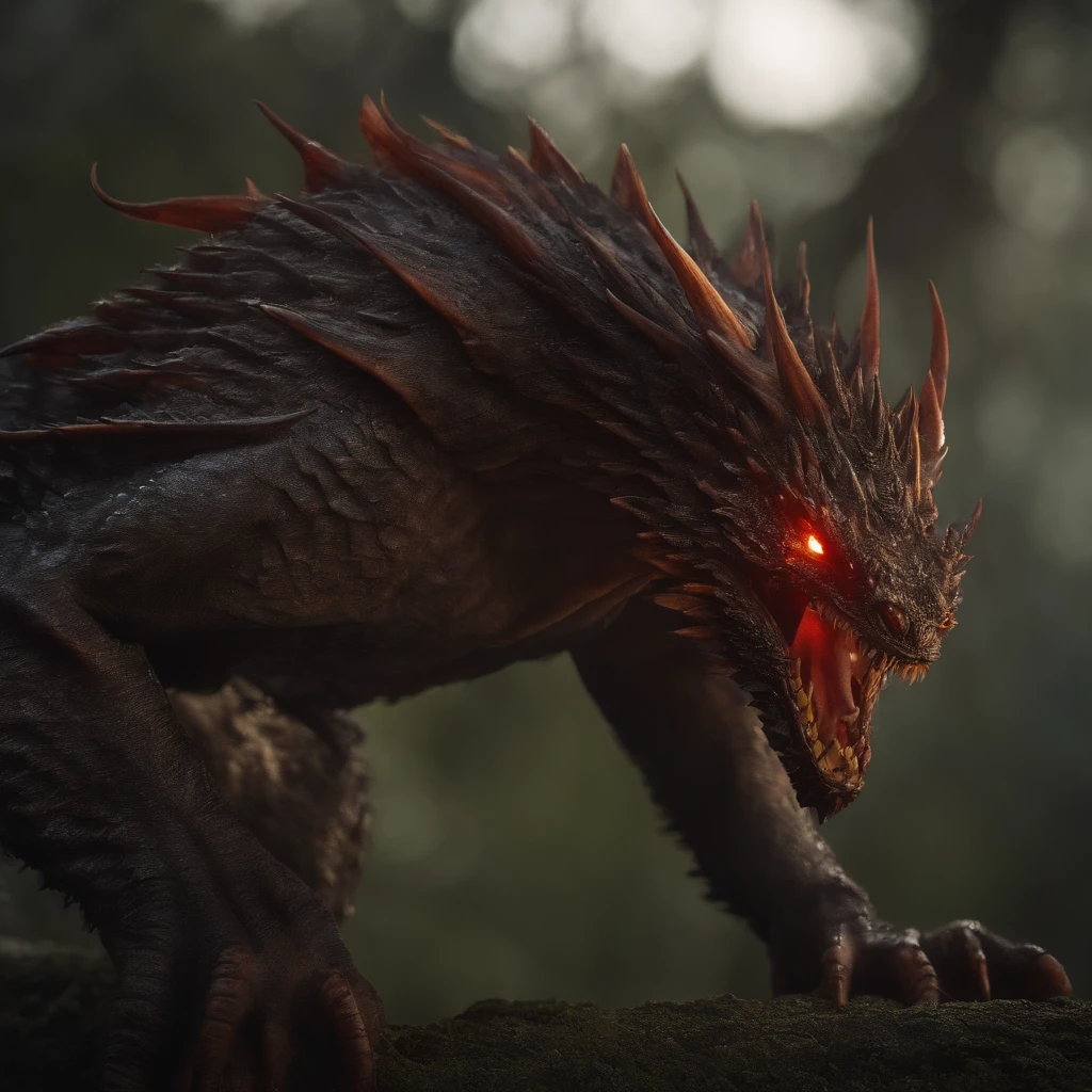 Golden Tenryu,Sharp red eyes,Release of blood fire close-up from the nose,Chest scales,hiquality,8K,many details,Fire salad,alas,4 legs,Spotted claws,golds,Danger,Fires,sharp teeth,Big Dragon,immensity,menacing,imposing