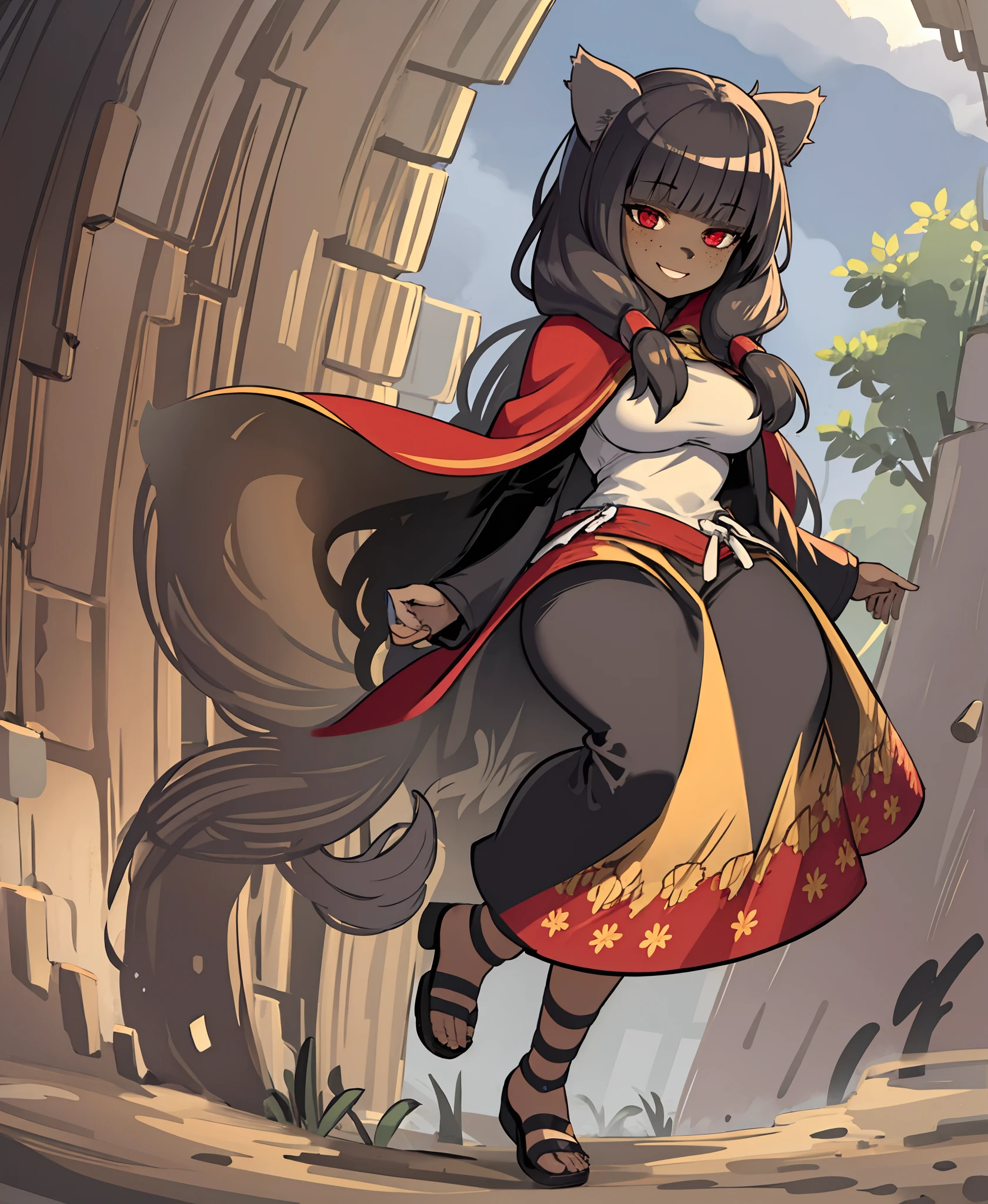 1girl, dark skin, smile, cat ears, bangs, long hair, freckles, full body, ,, red eyes, hood , cloak, yellow cloths, full body, flipflops, long skirt