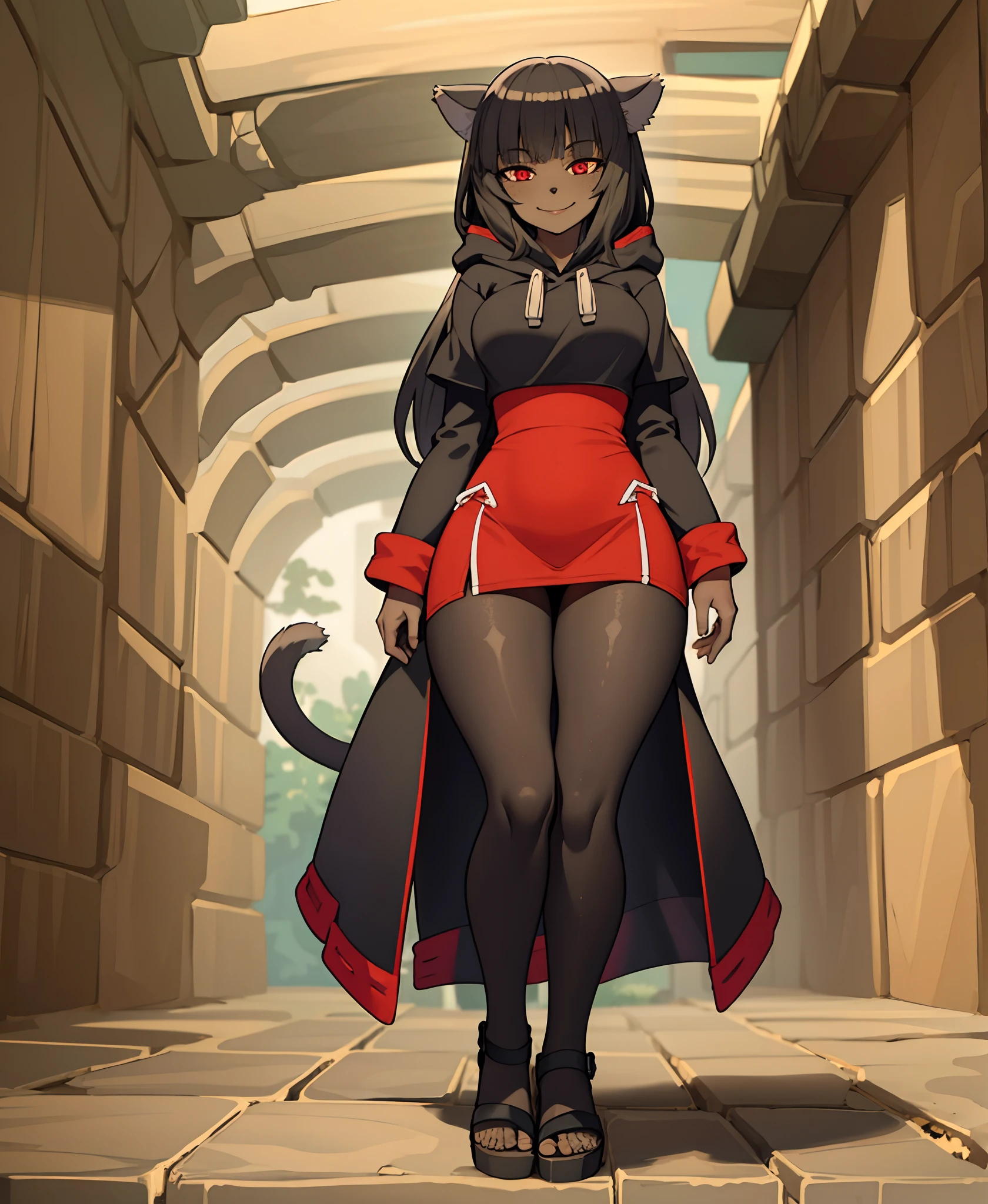 1girl, dark skin, smile, cat ears, bangs, long hair, freckles, full body, ,, red eyes, hood , cloak, yellow cloths, full body, flipflops, pantyhose