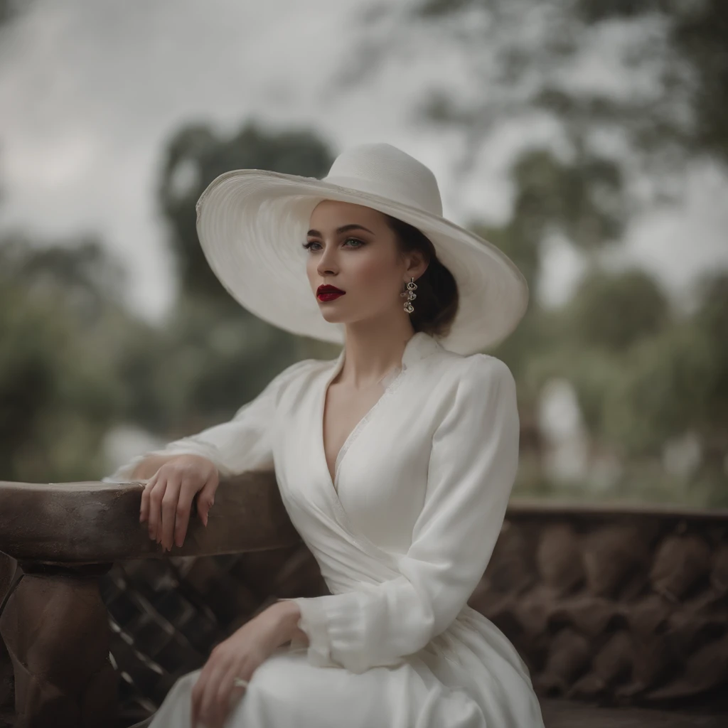 Arafed woman in white hat and dress with red lips, pale porcelain-white skin, guweiz, guweiz masterpiece, artwork in the style of guweiz, soft portrait shot 8 k, pale young ghost girl, porcelain white leather, by Russell Dongjun Lu, pale milky white porcelain skin, Elegant lady with alabaster skin