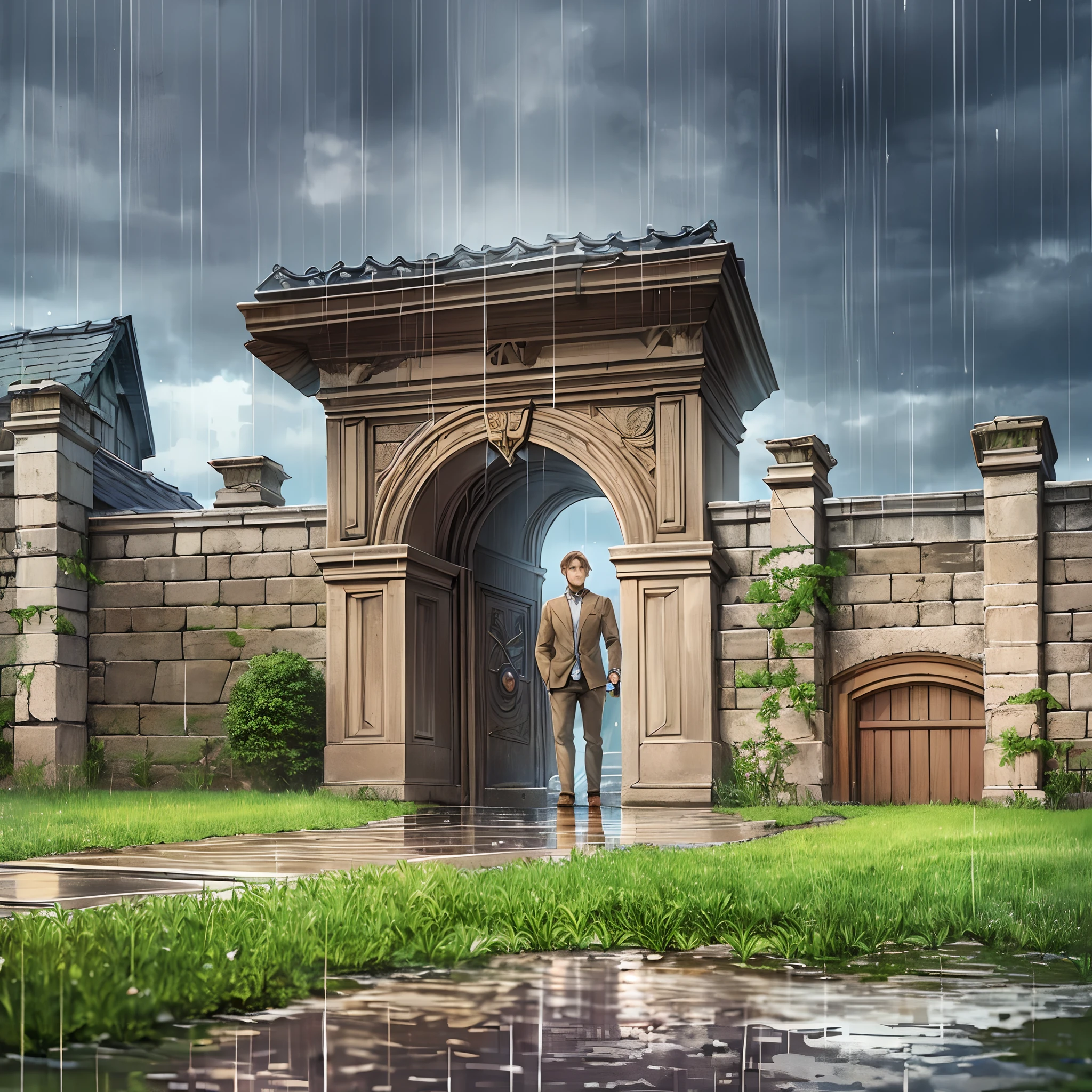 extremely detailed hand-drawn art, 8k, HDR, stone square, on the square a portal is a gateway to another world, a man-traveler with a dog are standing in front of the gate, a stormy sky, clouds are thickening, it is raining and there are puddles, outside the gate the bright sun and green grass --auto --s2