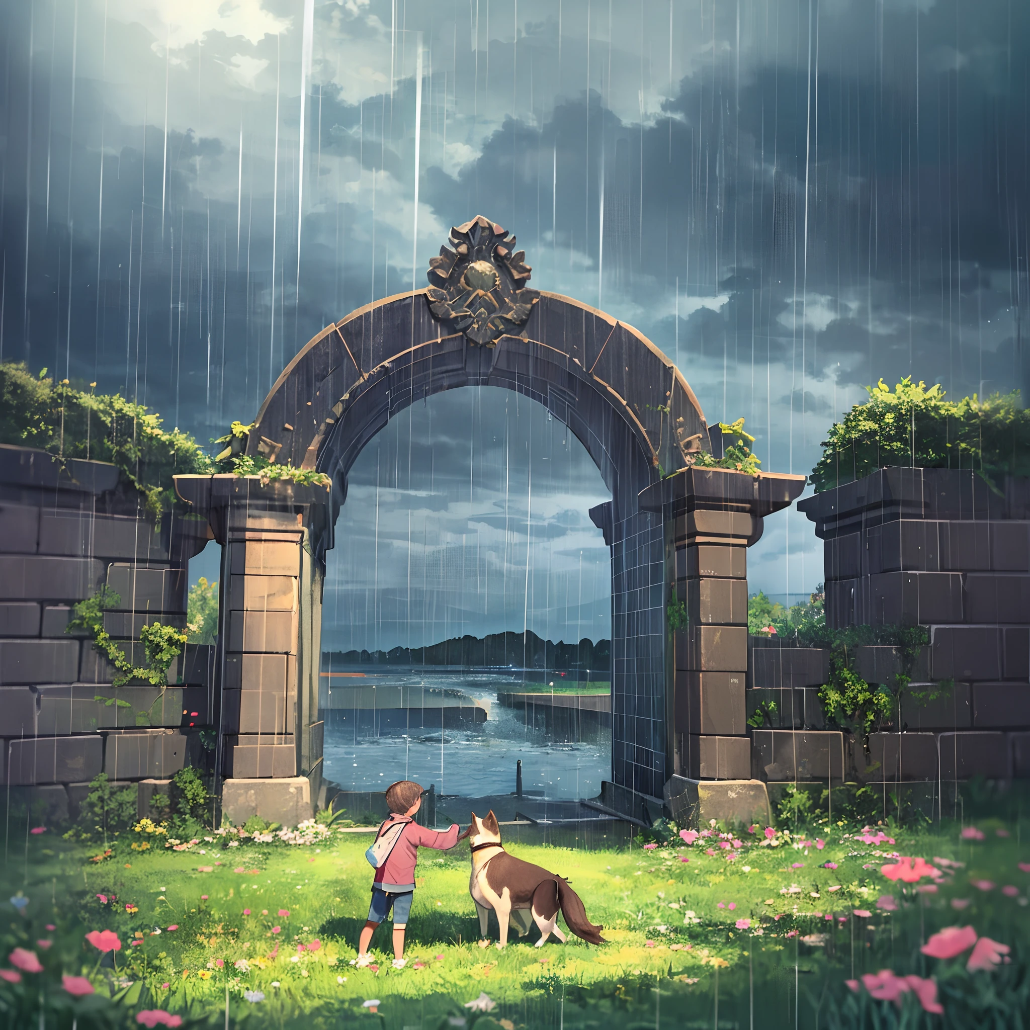 extremely detailed hand-drawn art, 8k, HDR, stone square, on the square a portal is a gateway to another world, a man-traveler with a dog are standing in front of the gate, a stormy sky, clouds are thickening, it is raining and there are puddles, outside the gate the bright sun and green grass --auto --s2