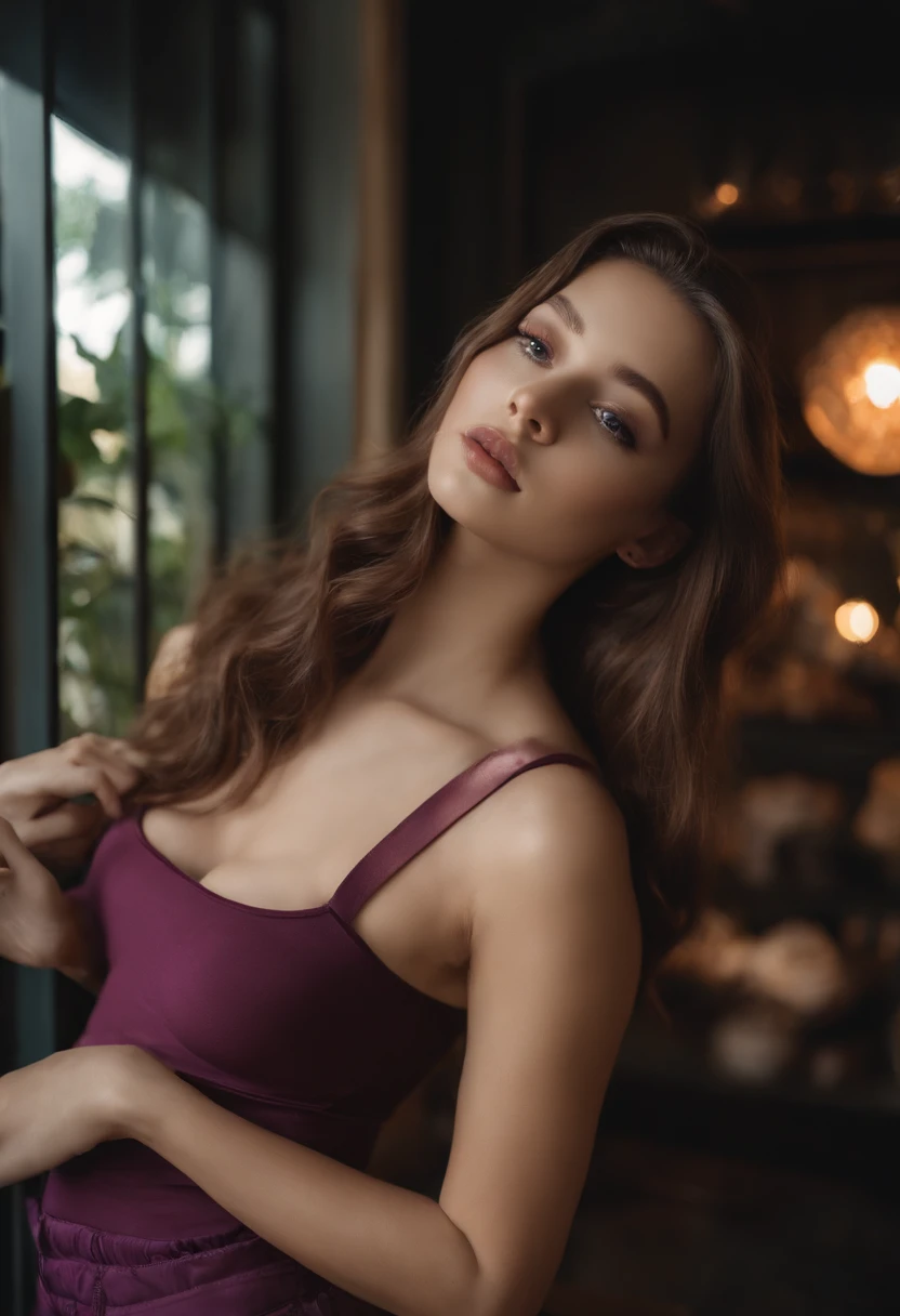 arafed woman with matching t-shirt and panties, sexy girl with brown eyes, portrait sophie mudd, brown hair and large eyes, selfie of a young woman, bedroom eyes, violet myers, with makeup, natural makeup, looking directly at the camera, face with artgram, subtle makeup, stunning full body shot, in some luxury place, clevearage