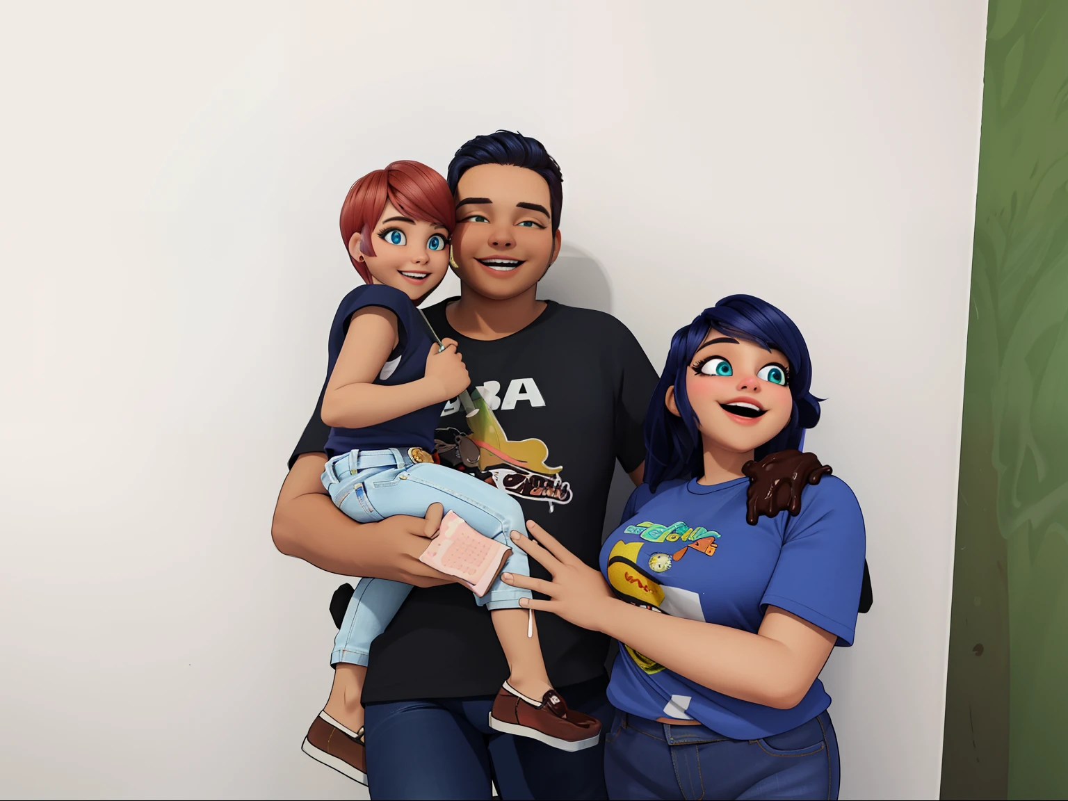(8k, Foto RAW, best quality, master part:1.2), (detalhes intrincados), olhos perfeitos, rosto perfeito, perfect lighting, Beautiful, (master part:1.2), (best quality:1.2), 1girl, sozinho, Marinette, cabelos azuis, ((cabelos compridos para baixo)), torso adulto, , leve sorriso, medium sized breasts, (jeans, camiseta vermelha), segurando um milkshake de chocolate, cowboy shot, 3DMM