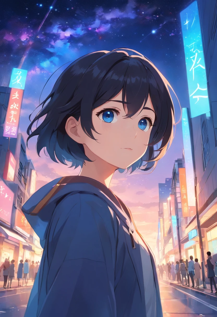 A 20sui boy,Handsome,Fair skin,Eyes resolute,Short flowing black hair,blue color eyes,Powerful,Dress in black,Modern wind,Streamer perimeter,8K,raiden,火焰,Colorful light,starrysky,ruptured,galactic,anime illustration