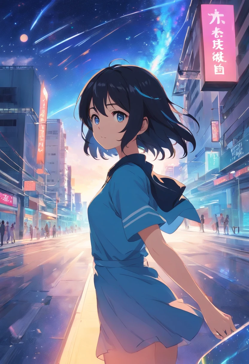 A 20sui boy，Handsome，Fair skin，Eyes resolute，Short flowing black hair，blue color eyes，Powerful，Dress in black，Modern wind，Streamer perimeter，8K，raiden，火焰，Colorful light，starrysky，ruptured，galactic，anime illustration